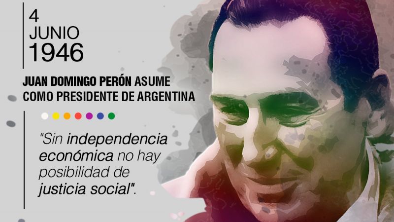 Juan Domingo Perón, desde el balcón de la Casa Rosada ante una multitud, prometió construir una nación justa y fuerte