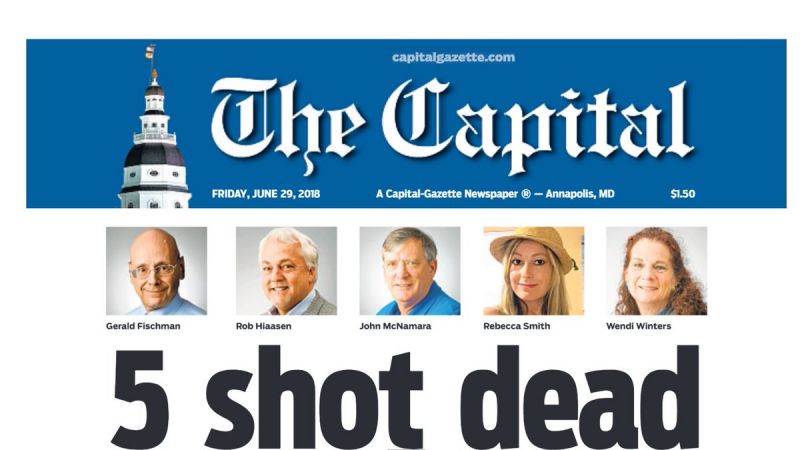 Cinco personas murieron y varias más resultaron heridas de gravedad en un tiroteo en la sede del periódico Capital Gazette en Annapolis, Maryland, EEUU