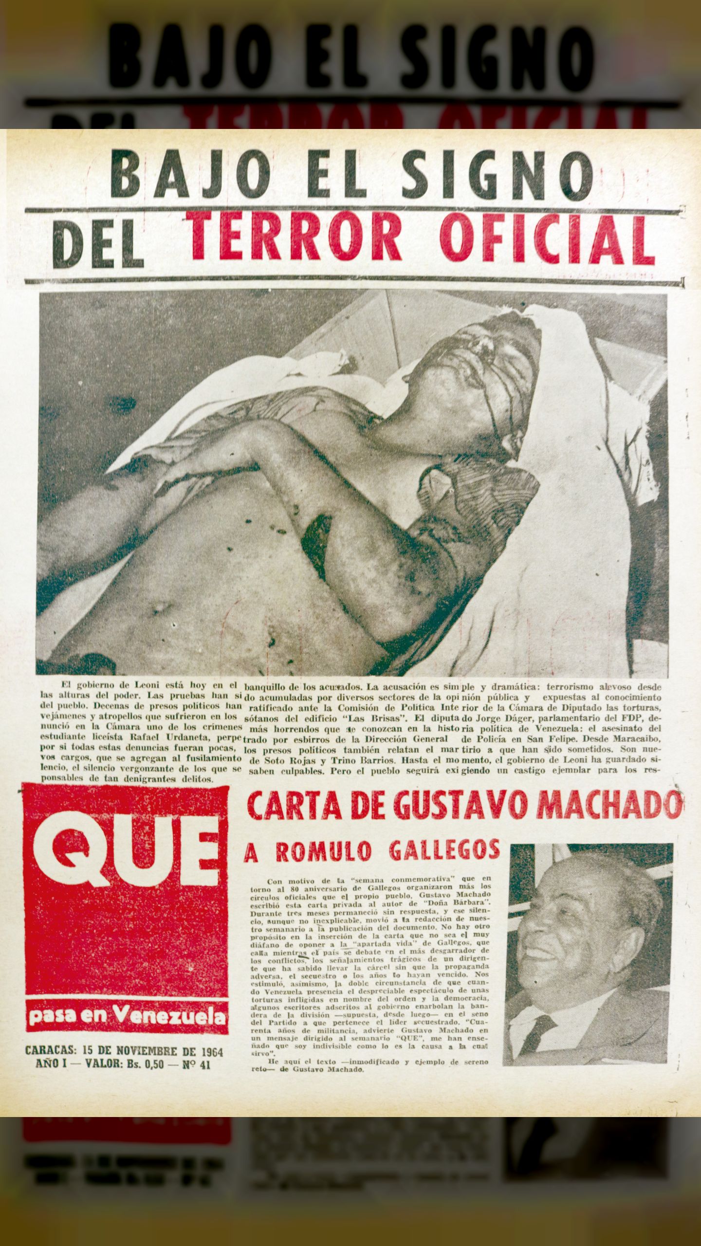 Bajo el siglo del terror oficial (gobierno de Raúl Leoni) Semanario “Que pasa en Venezuela”, 15 de noviembre de 1964