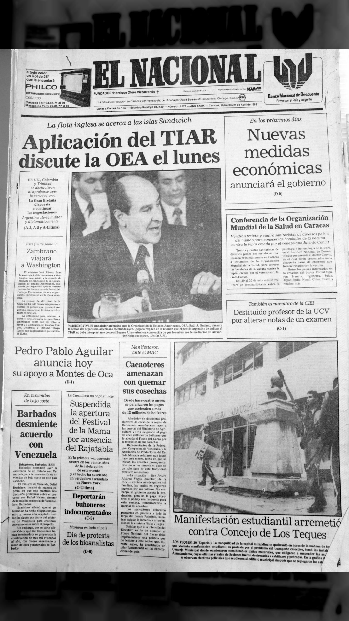 “Aplicación del TIAR discute la OEA el lunes” (El Nacional, 21 de abril 1982 )