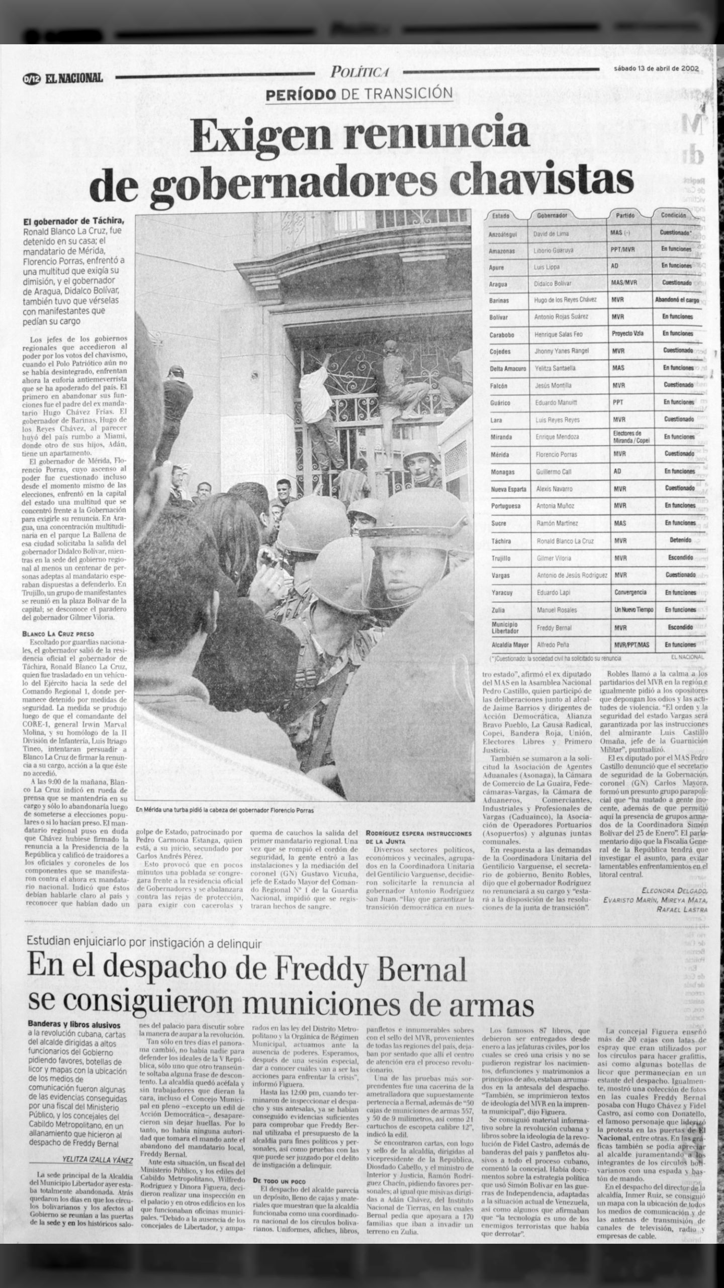13 de abril de 2002 • El Nacional • "Exigen renuncia de gobernadores chavistas"