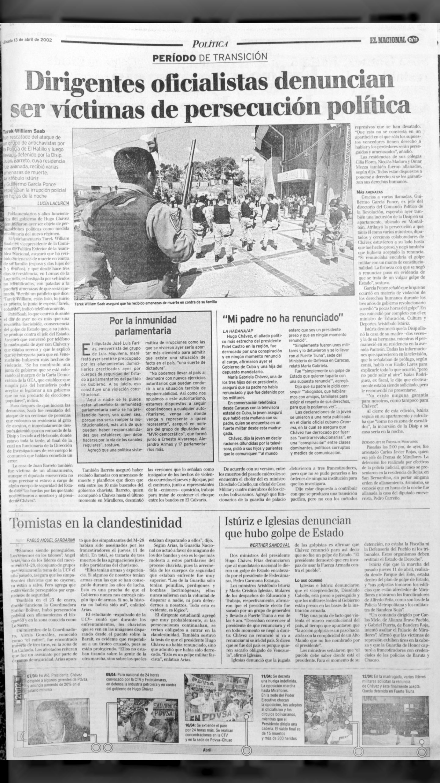 13 de abril de 2002 • El Nacional • "Dirigentes oficialistas denuncian ser víctimas de persecución política"