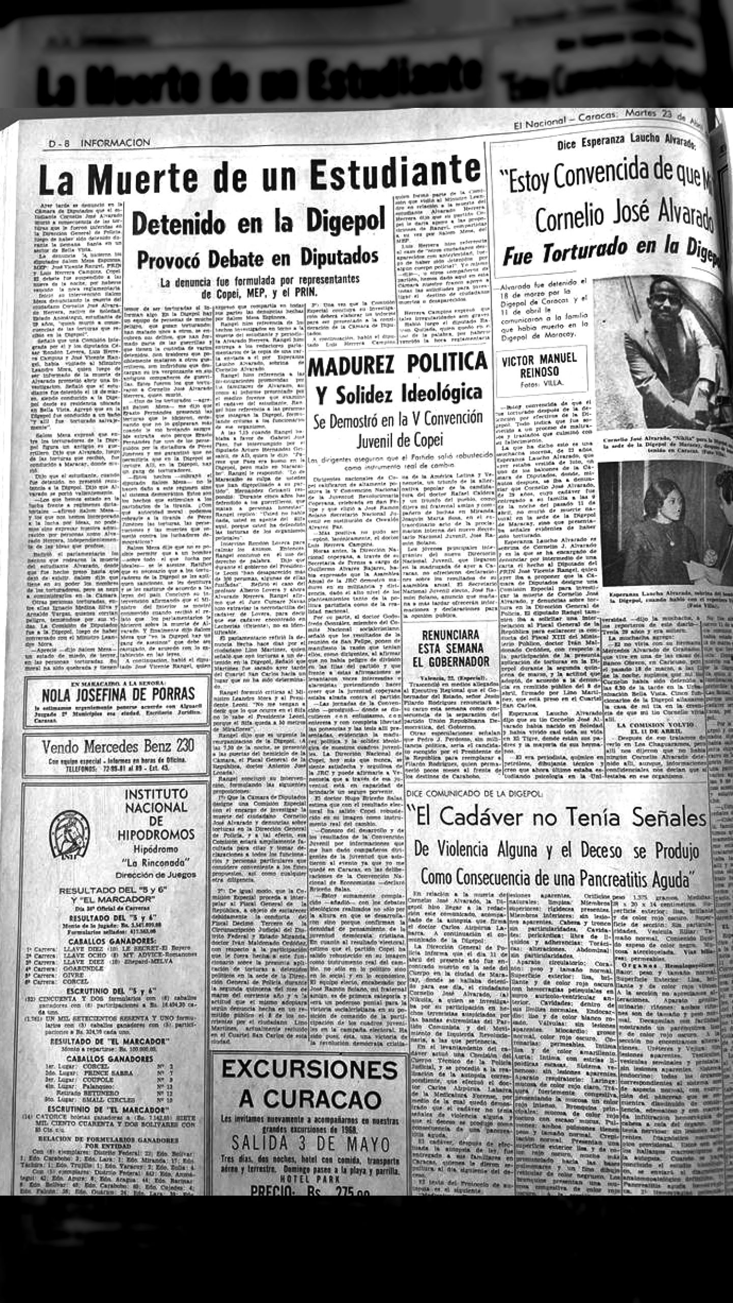 Asesinado estudiante José Cornelio Alvarado Herrera (El Nacional, 18 de abril de 1968)