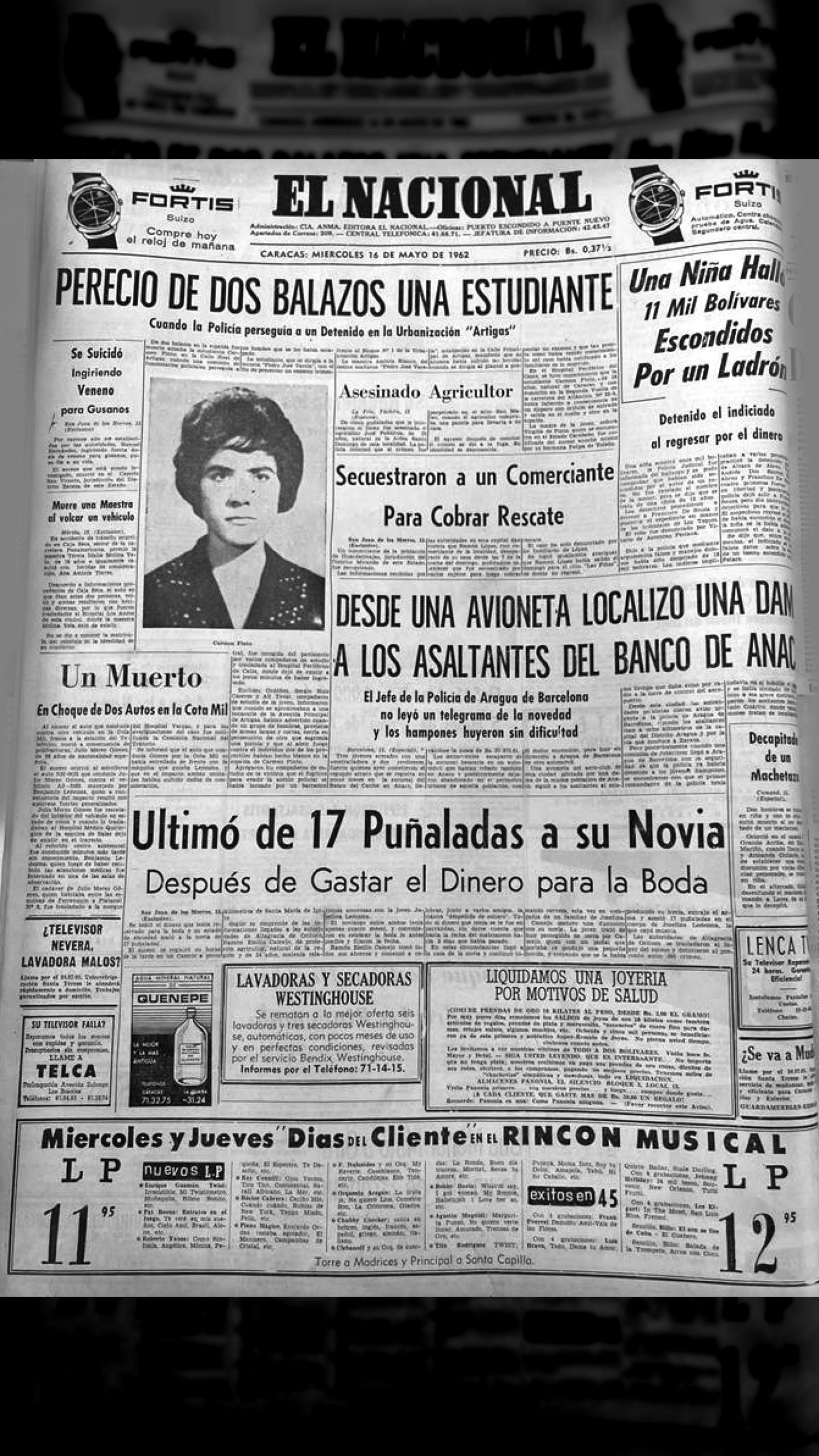La policía mata a la joven estudiante Carmen Pinto (El Nacional, 15 de mayo de 1962)