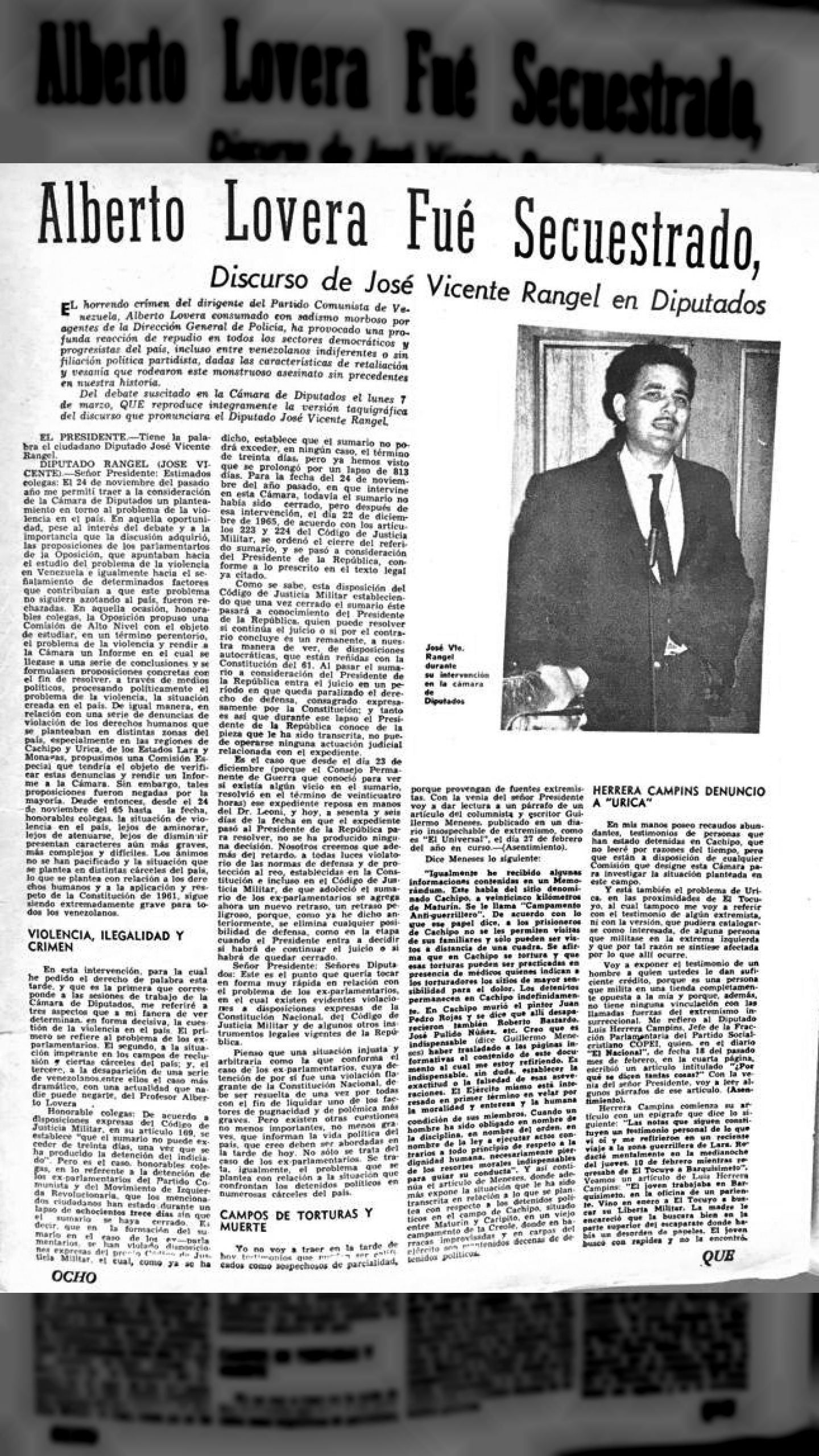 José Vicente Rangel denuncia desaparición del profesor Alberto Lovera (El Universal, 19 de octubre de 1965)