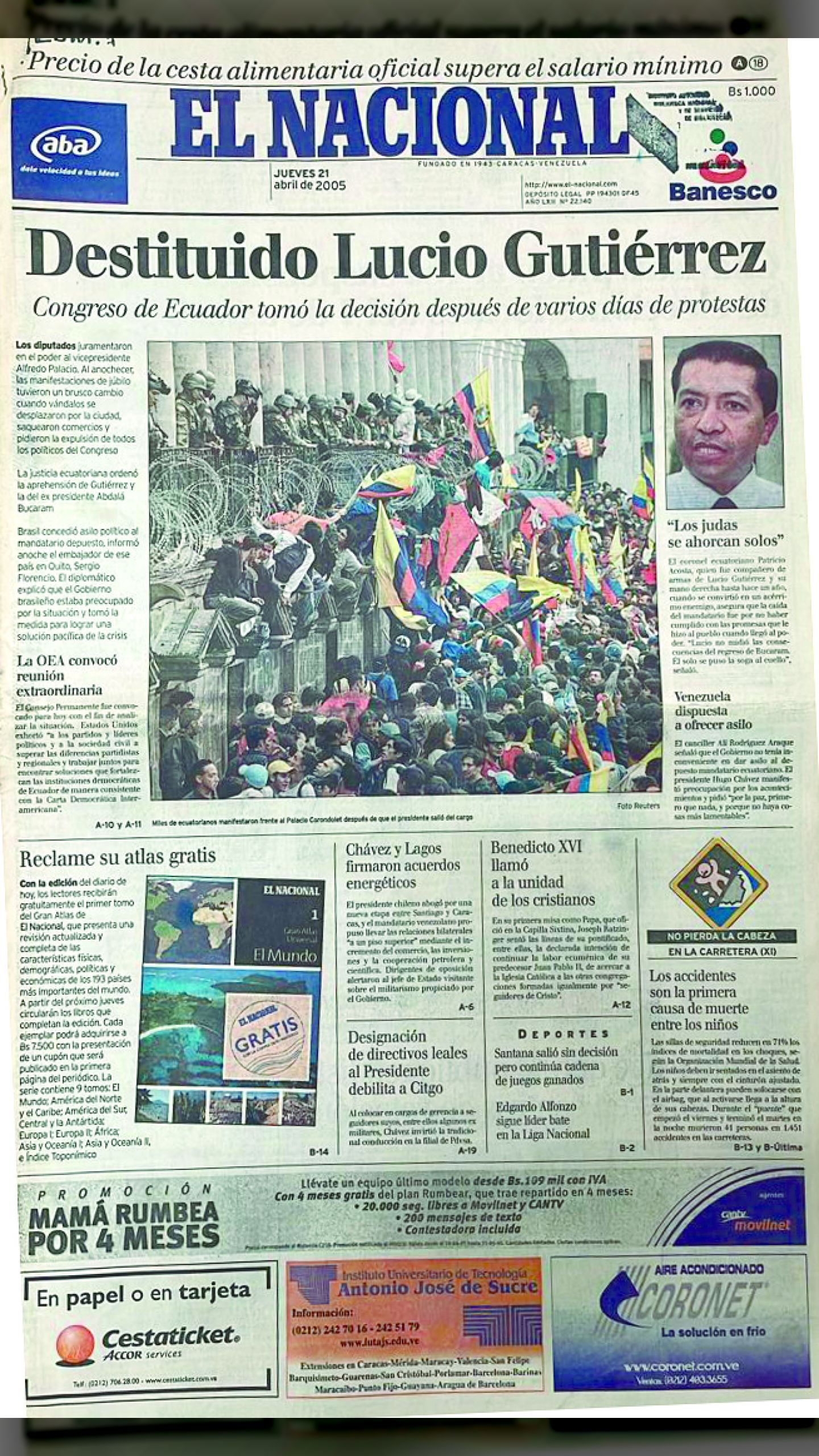 Destituido Lucio Gutiérrez, Congreso de Ecuador tomó la decisión después de varios días de protestas (El Nacional, 21 de abril de 2005)