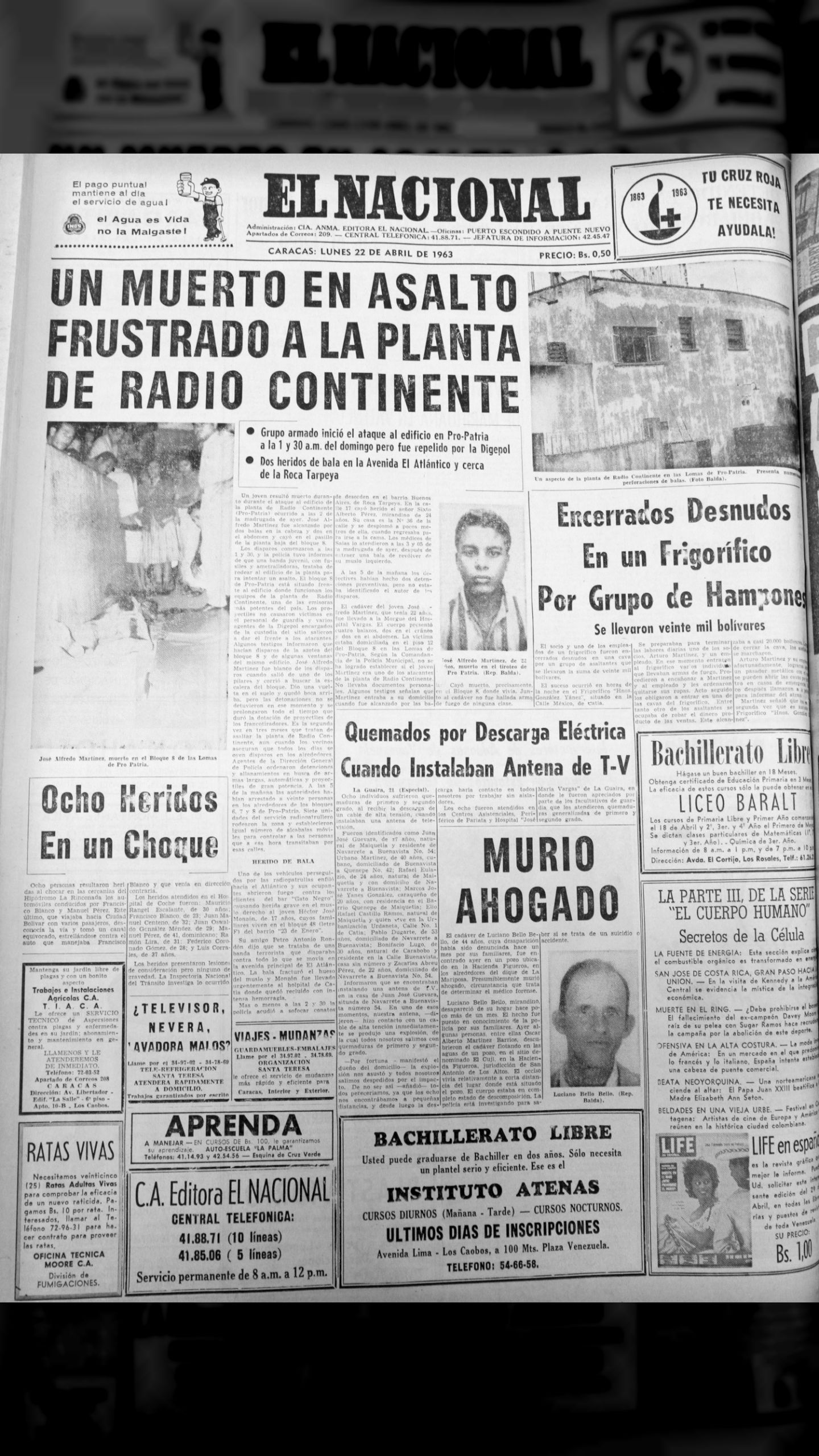 Un muerto en asalto frustrado a la planta de Radio Continente (El Nacional, 22 de abril de 1963)