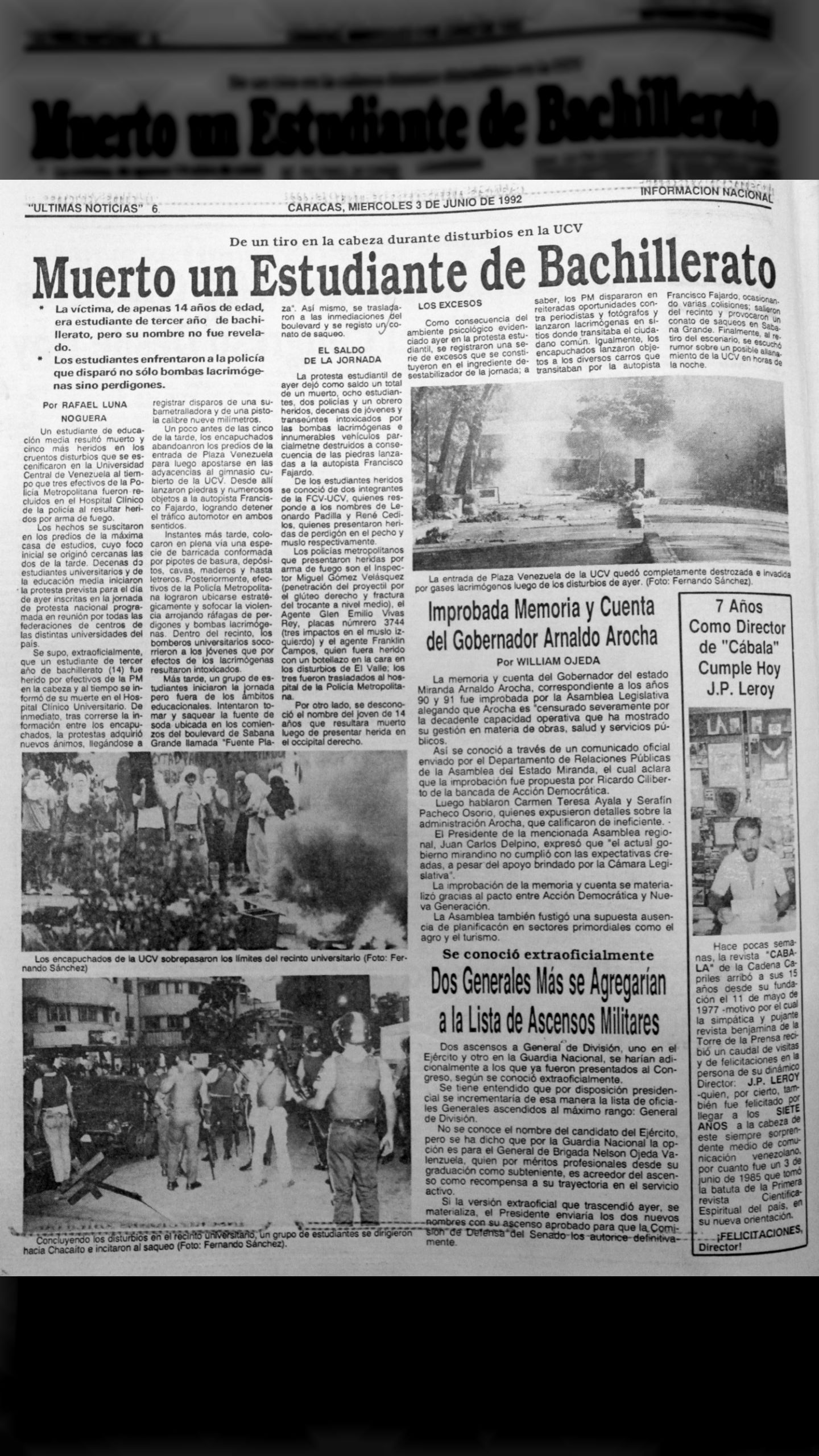 Muerto un estudiante de bachillerato de un tiro en la cabeza durante disturbios en la UCV (Últimas Noticias, 3 de junio de 1992)