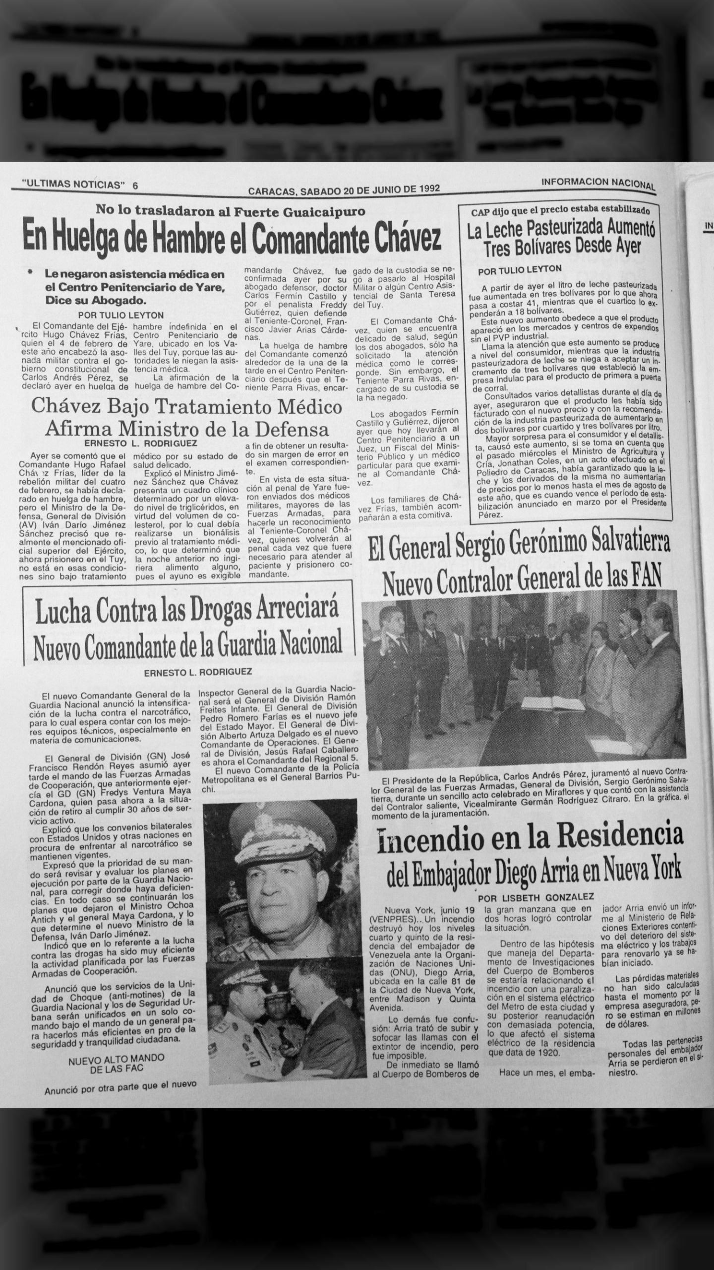En huelga de hambre el Comandante Chávez, está bajo tratamiento médico afirma ministro de la defensa (Últimas Noticias, 20 de junio de 1992)