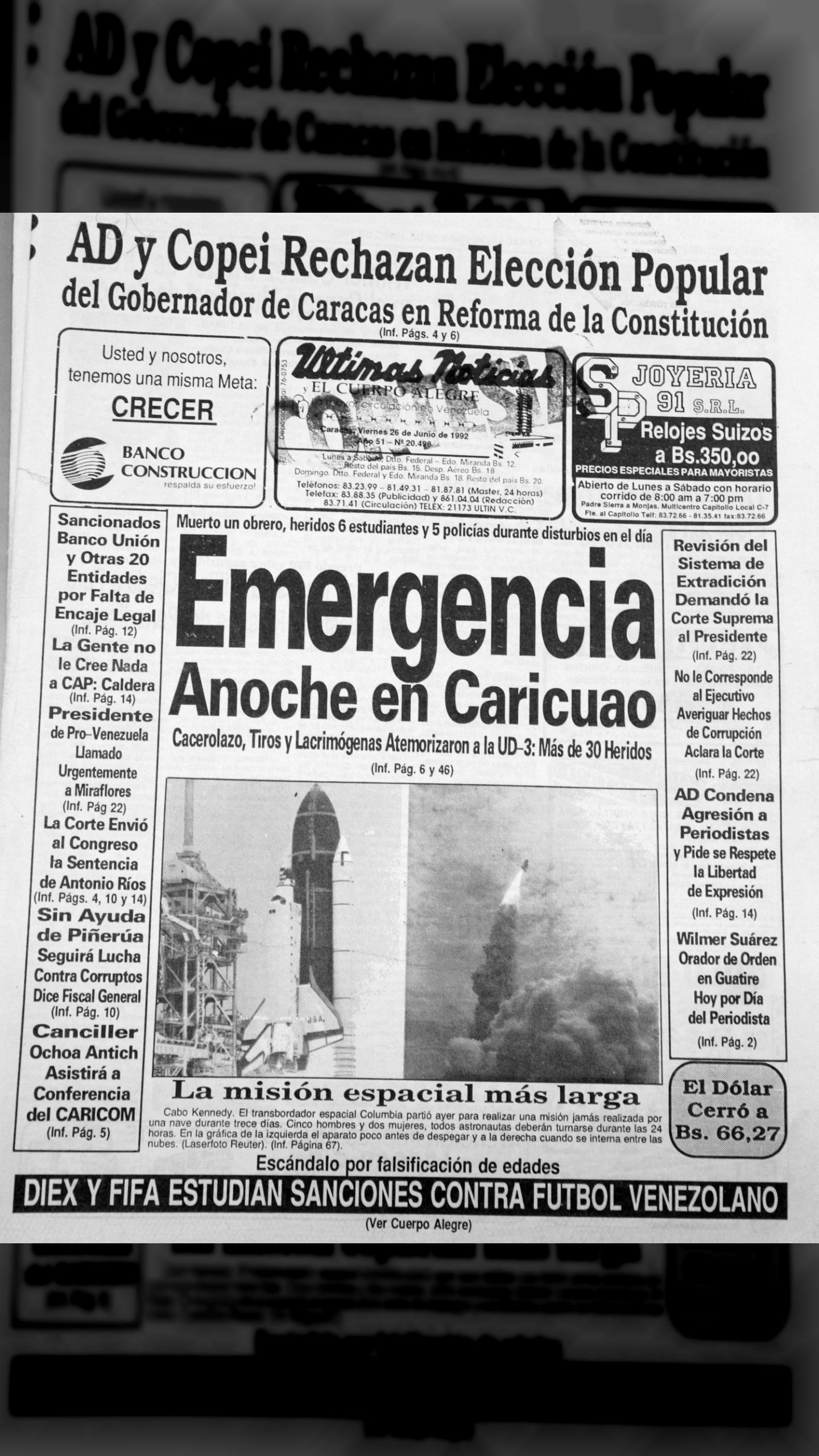 AD y Copei rechazan elección popular del gobernador de Caracas (Últimas Noticias, 26 de junio de 1992)