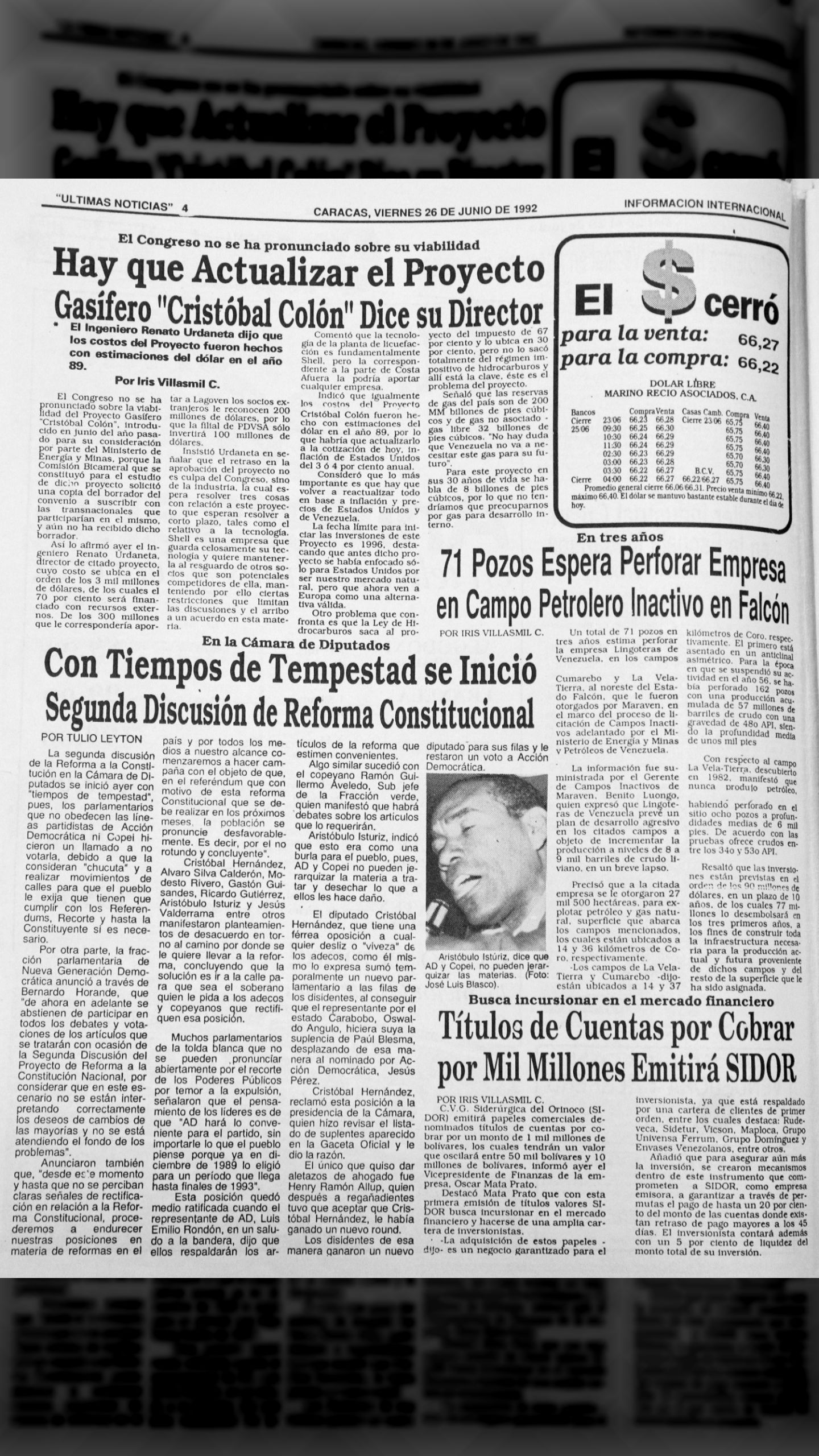 Inició segunda discusión de la reforma constitucional, Aristóbulo Istúriz dice que AD y Copey no pueden jerarquizar las materias (Últimas Noticias, 26 de junio de 1992)