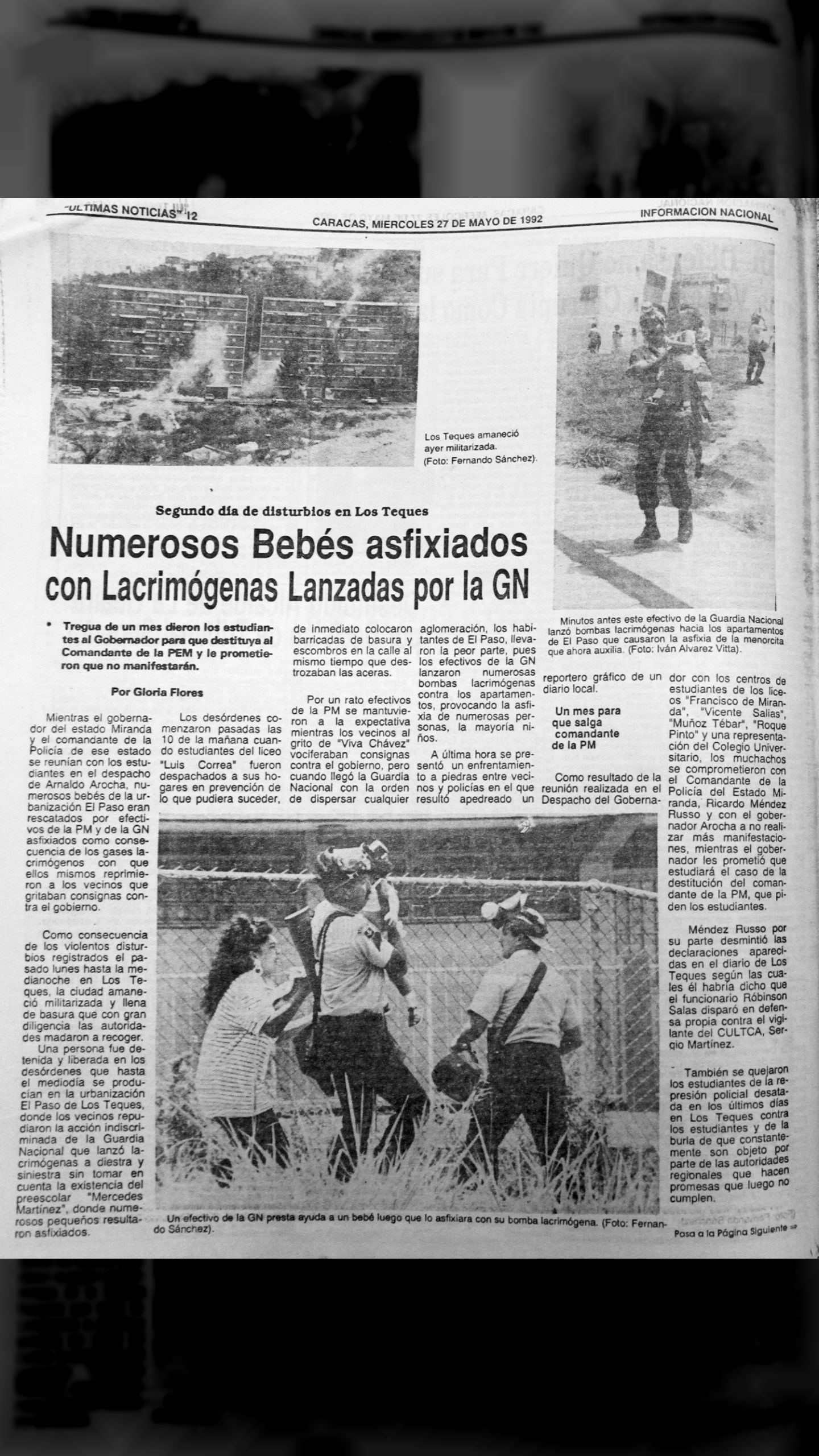 Numerosos bebés asfixiados con lacrimógenas lanzadas por la GN (Últimas Noticias, 27 de mayo de 1992)