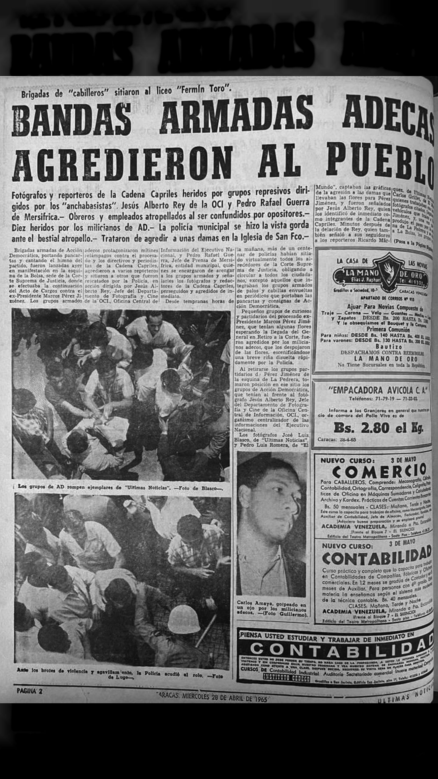 Bandas armadas Adecas agredieron al pueblo (Últimas Noticias, 28 de abril de 1965)