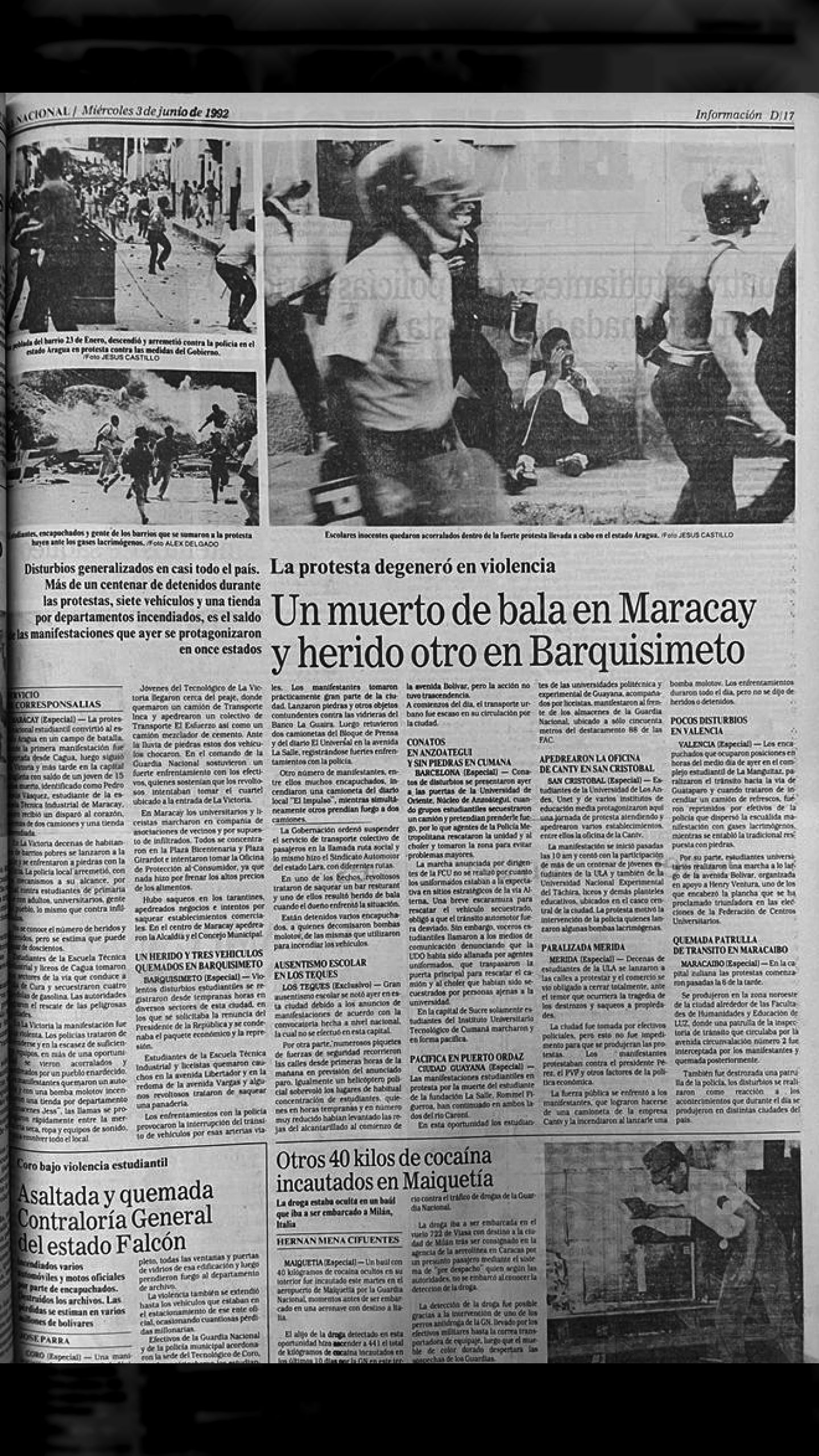 Un muerto de bala en Maracay y herido otro en Barquisimeto (El Nacional, 3 de junio de 1992)