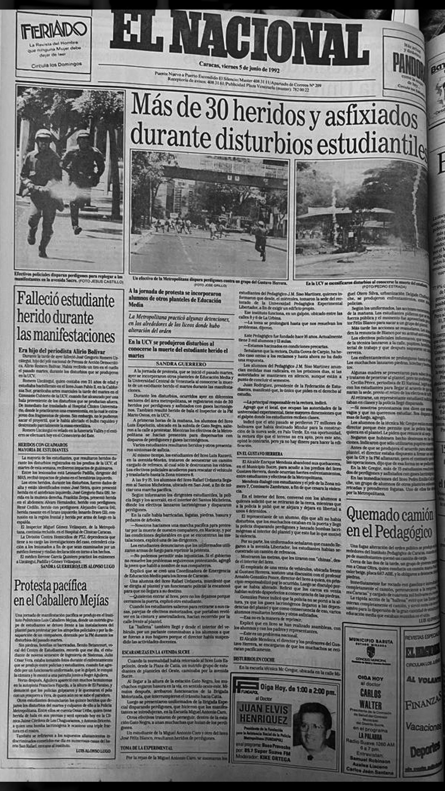 Más de 30 heridos y asfixiados durante disturbios estudiantiles (El Nacional, 5 de junio de 1992)