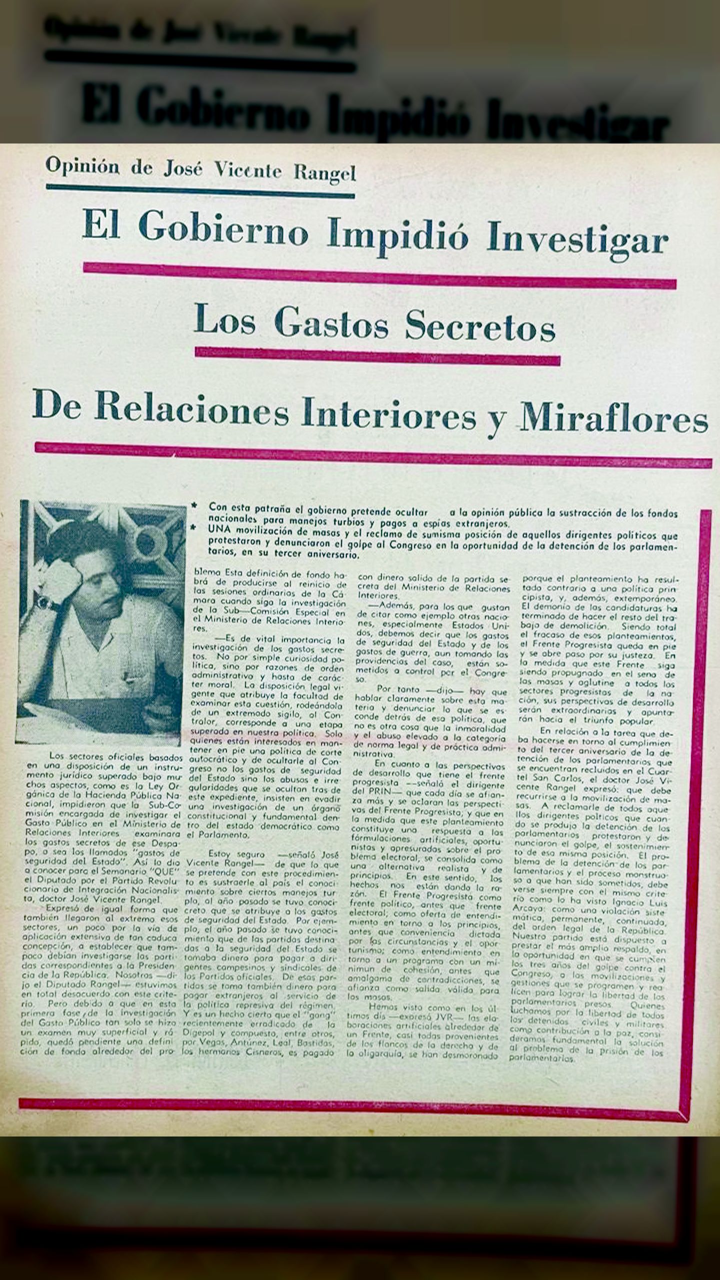 El gobierno impidió investigar los gastos secretos de Relaciones Interiores y Miraflores (Qué pasa en Venezuela, agosto de 1966 – Año III – nro. 109)