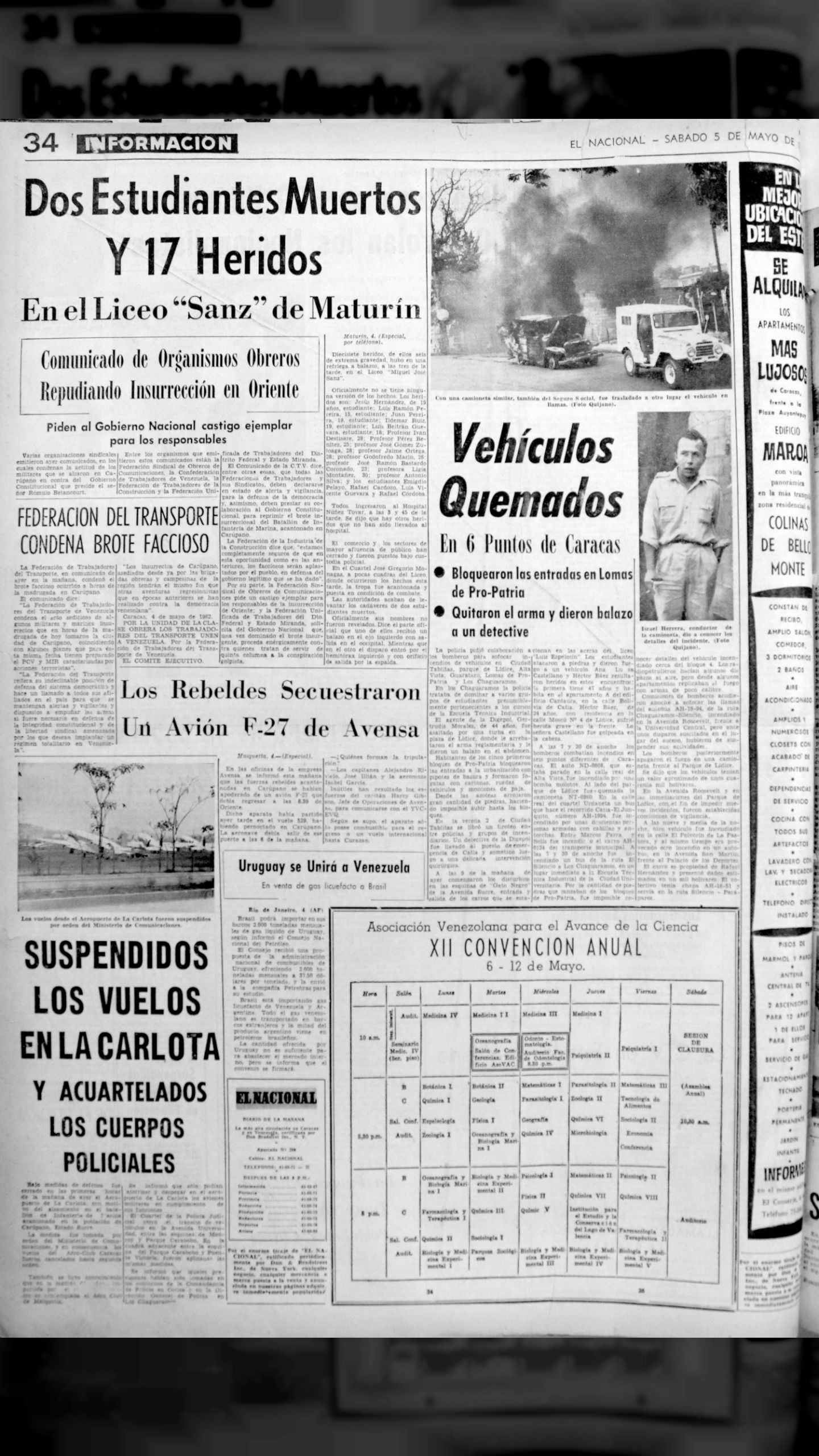 Dos estudiantes muertos y 17 heridos en el Liceo Sanz de Maturín (El Nacional, 5 de mayo de 1962)