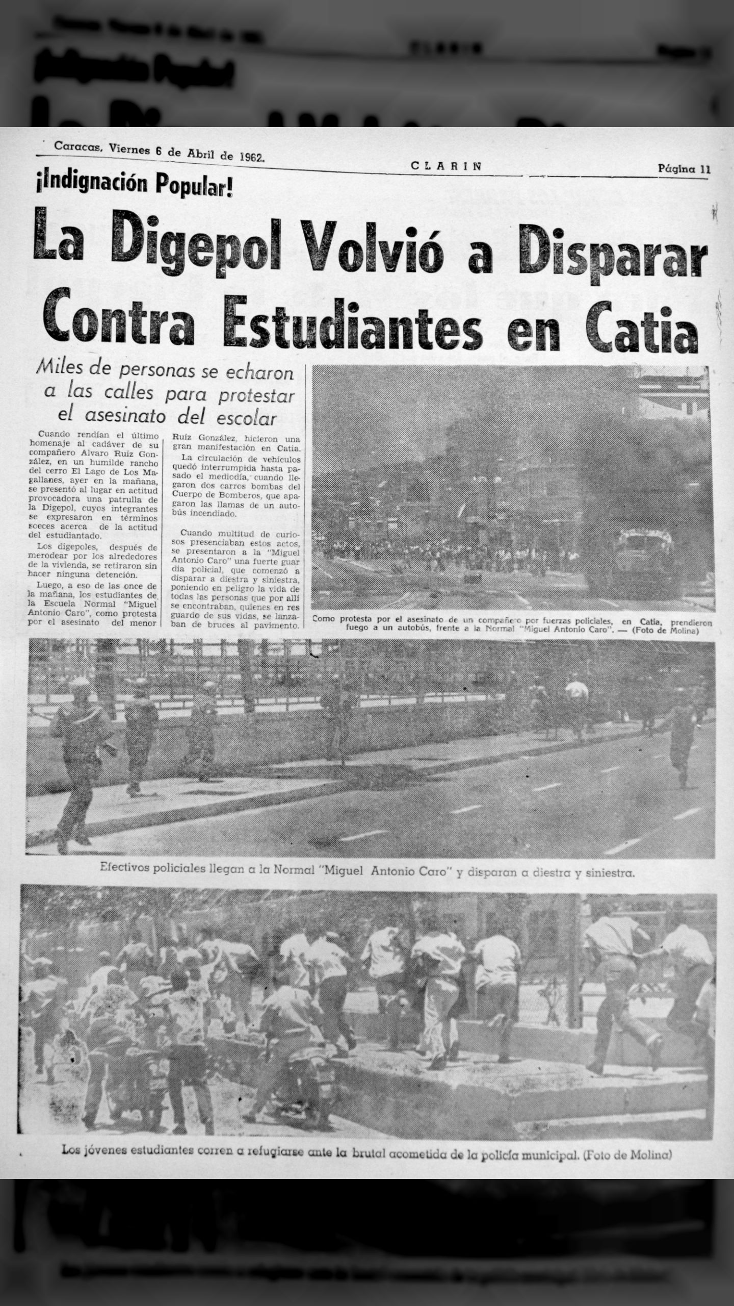 La Digepol volvió a disparar contra estudiantes en Catia (Clarín, 6 de abril de 1962)