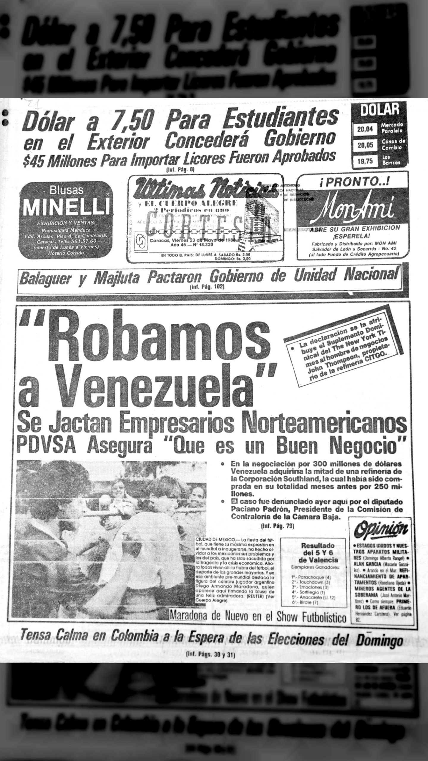 ROBAMOS A VENEZUELA (Últimas Noticias, 23 de Mayo de 1986)