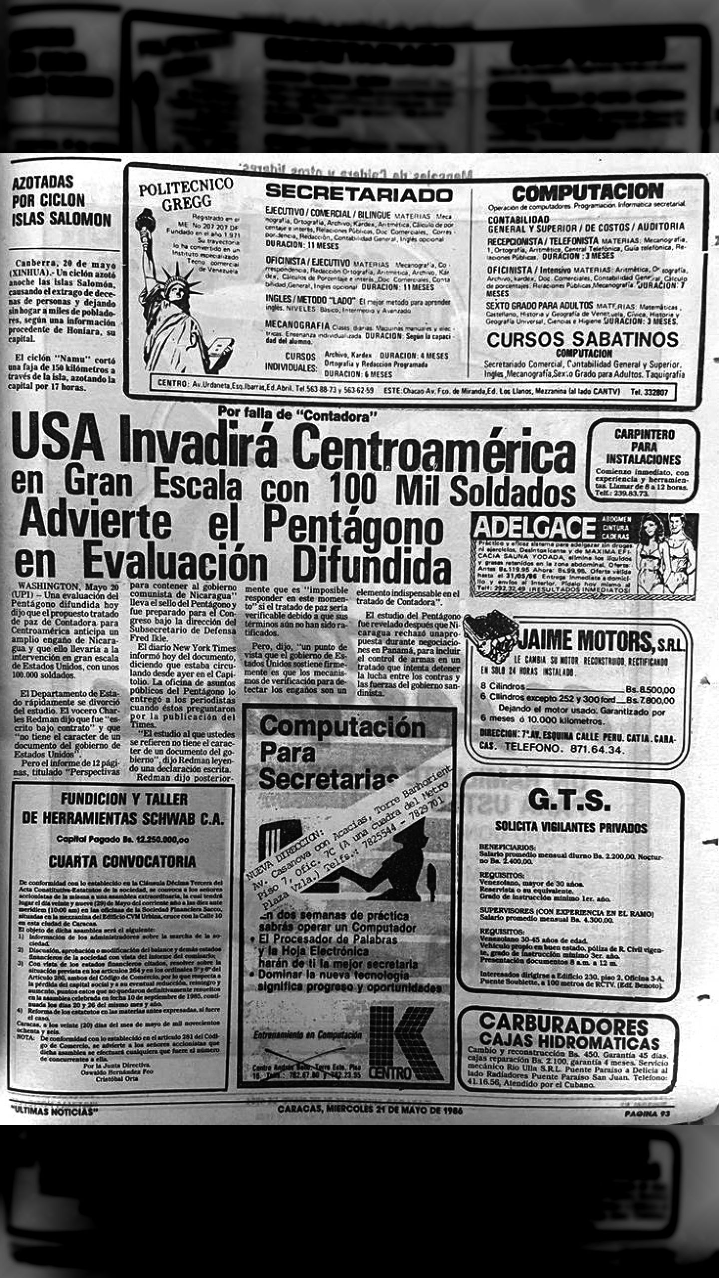USA invadiría a Centro América con 100.000 Marines (Últimas Noticias, 21 de mayo de 1986)