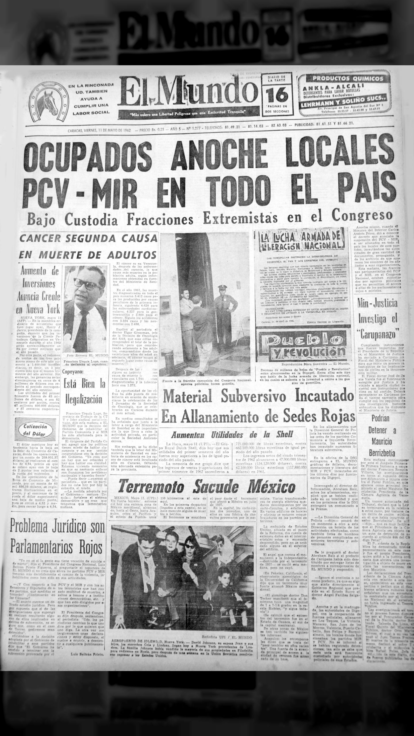 Ocupados locales PCV-MIR en todo el país (El Mundo, 11 de mayo de 1962)