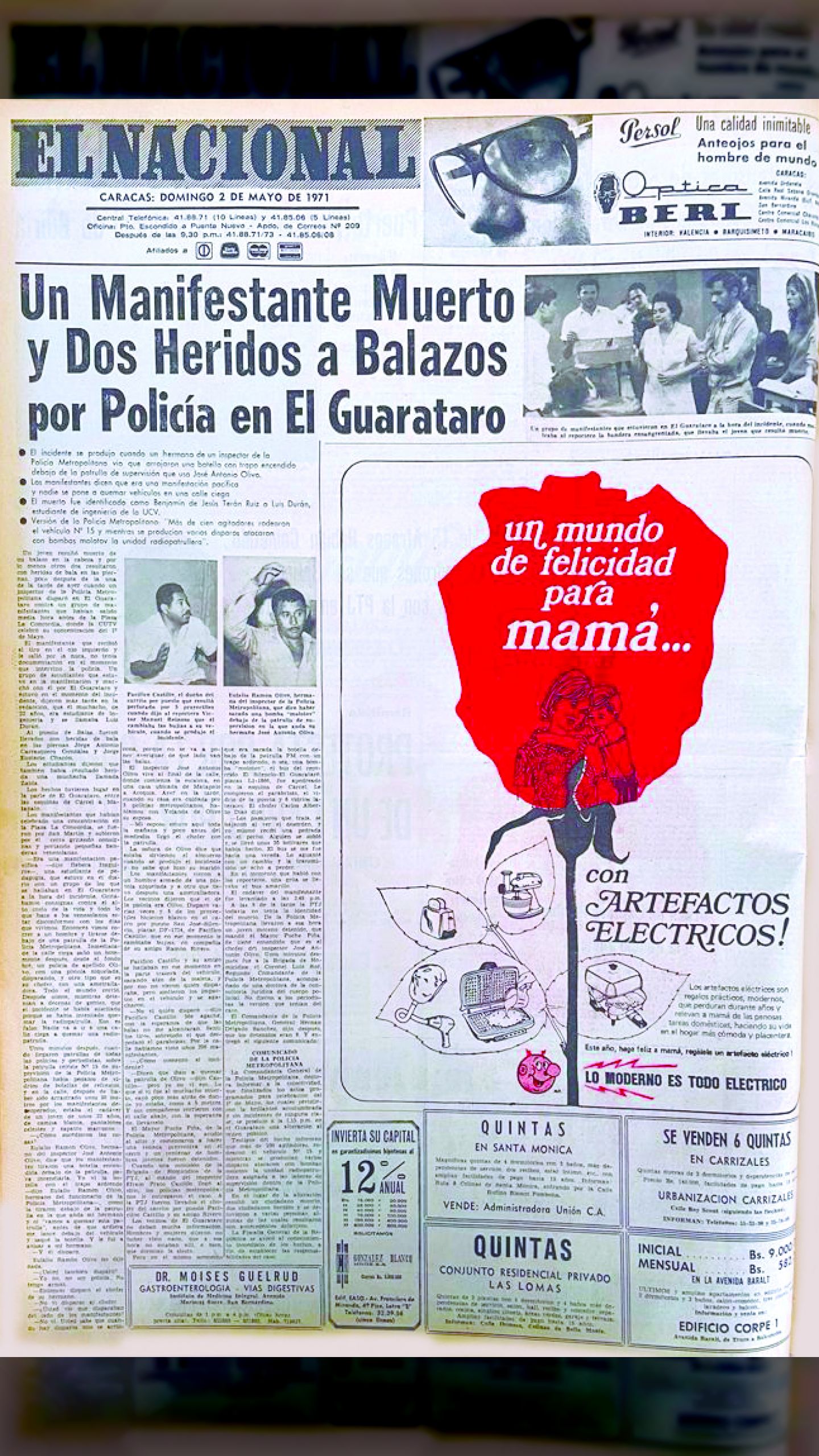 Un manifestante muerto y dos heridos a balazos por la policía en El Guarataro (El Nacional, 2 de mayo de 1971)