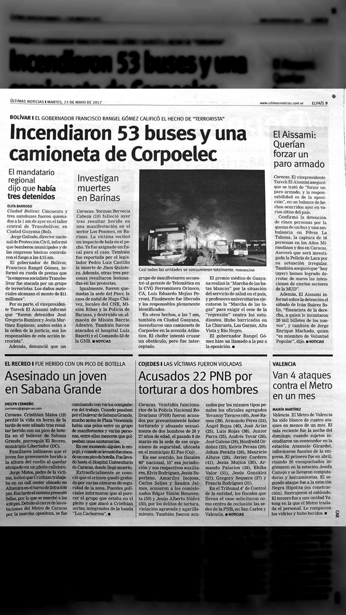 Incendiaron 53 buses y una camioneta de Corpoelec - Guarimbas 2017 (Últimas Noticias, 23 de mayo 2017)