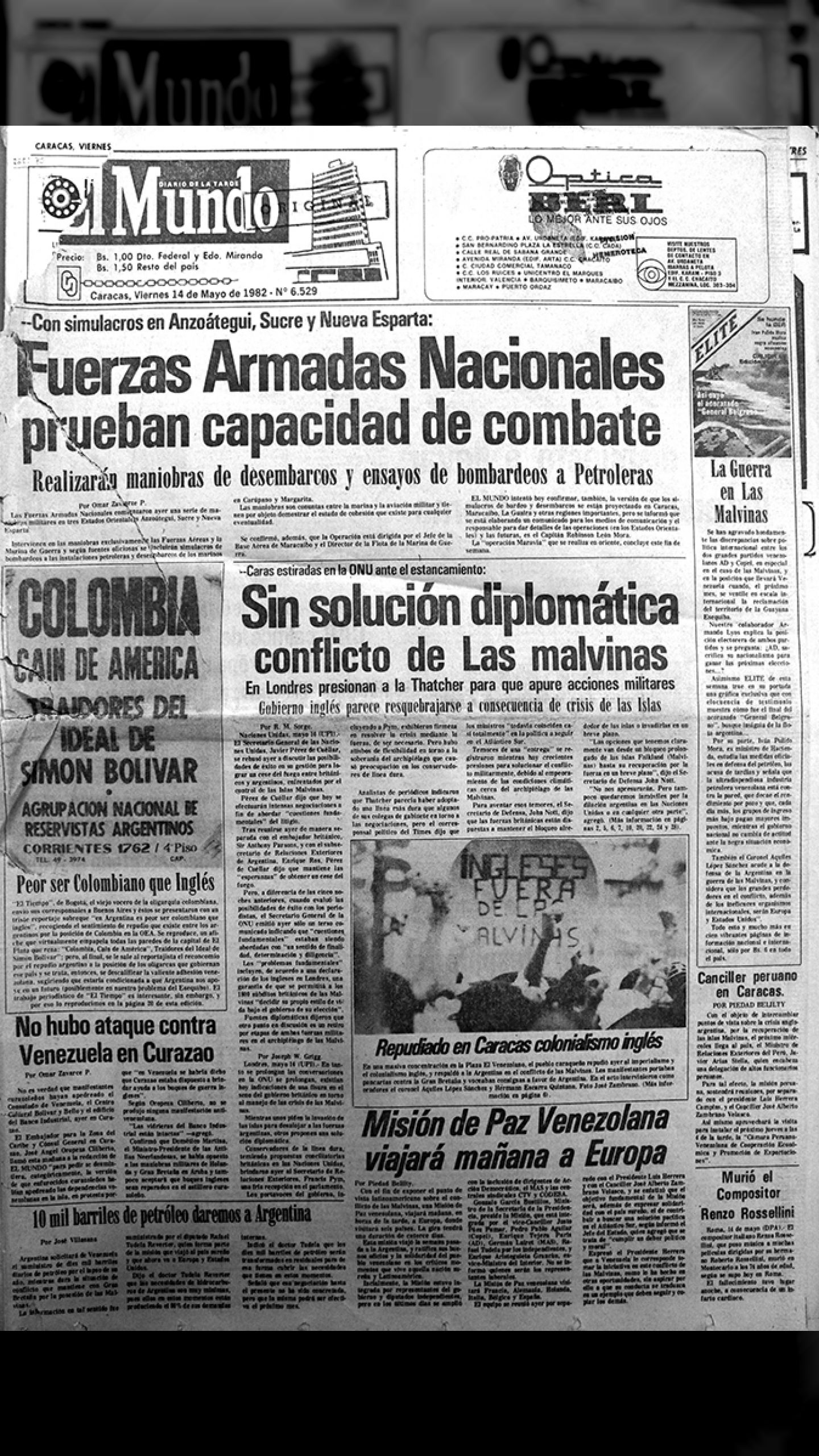 El gobierno de Colombia apoya a Inglaterra en la Guerra de las Islas Malvinas (El Mundo, 14 de mayo de 1982)