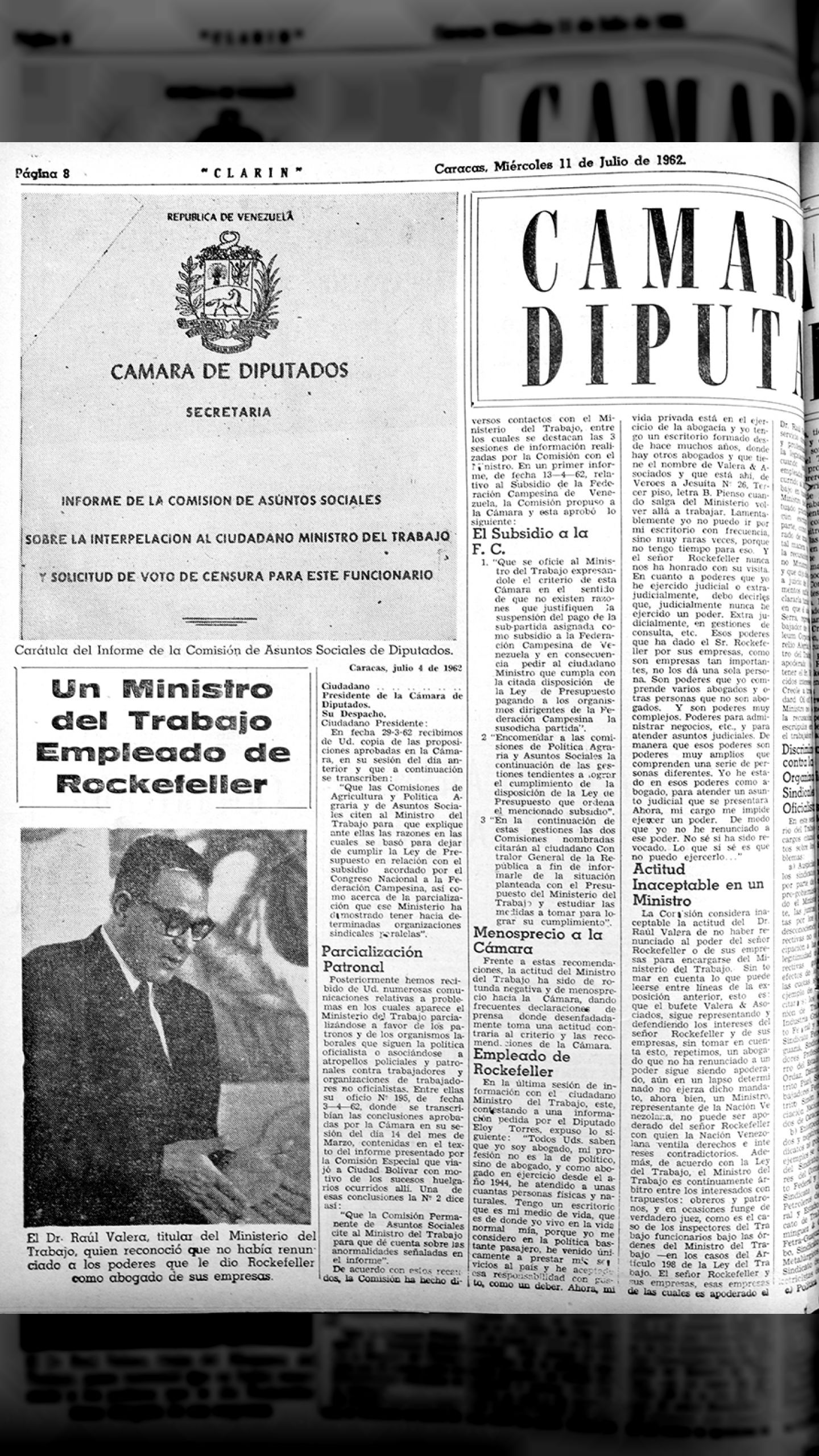 Ministro del Trabajo Empleado de Rockefeller (Clarín, 11 DE Junio 1962)