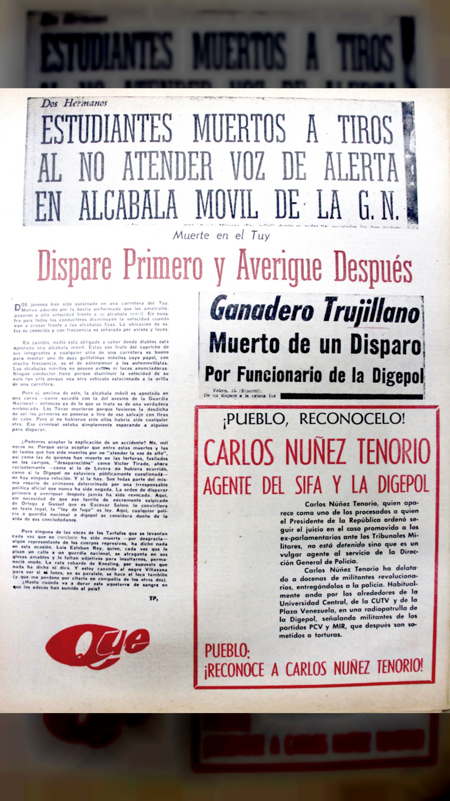 Estudiantes muertos a tiros al no atender voz de alto en alcabala móvil de la G.N. (QUÉ pasa en Venezuela, 27 de mayo 1966)