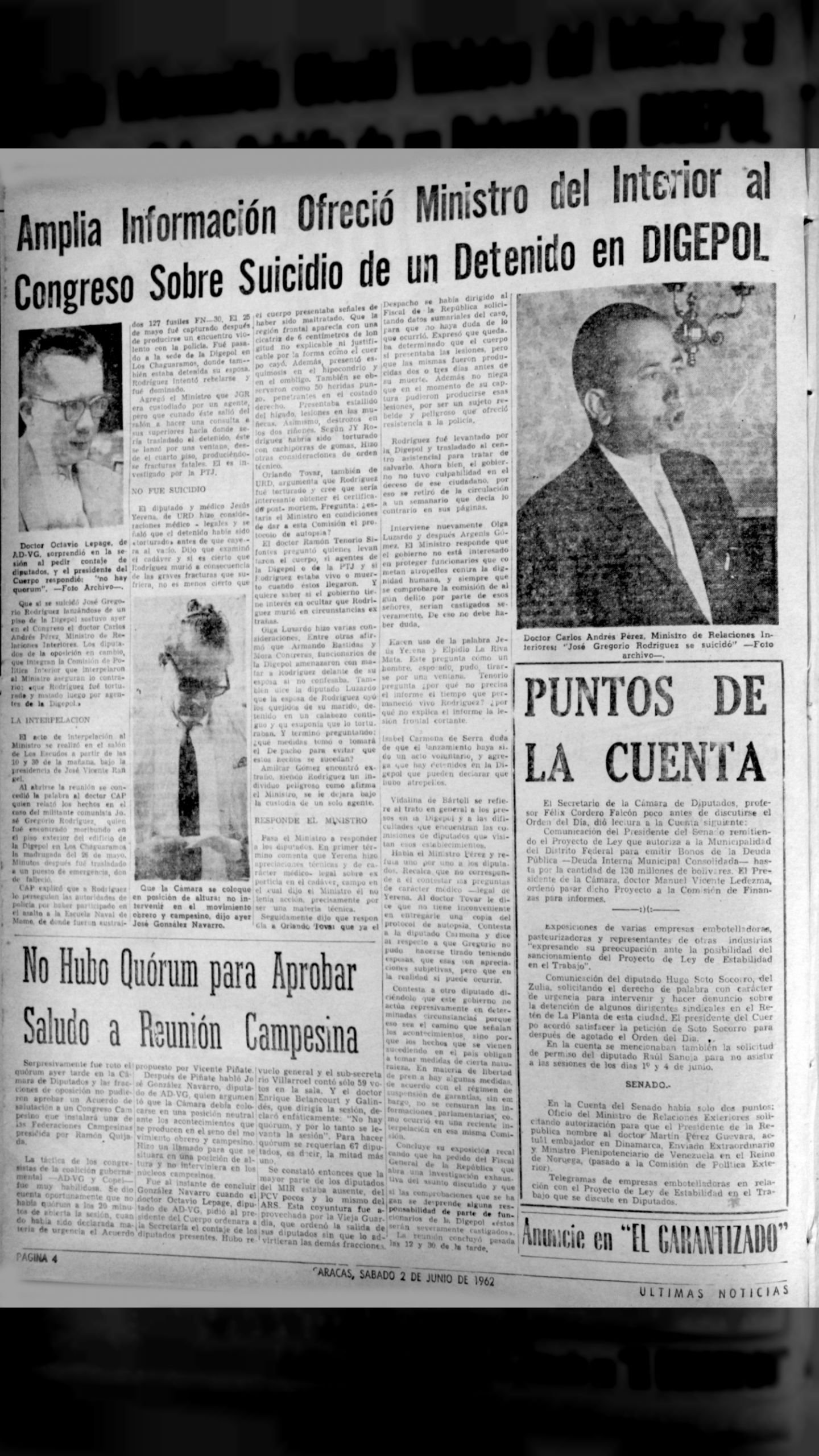 Amplia información ofreció ministro del Interior al Congreso sobre suicidio de un detenido en Digepol (Últimas Noticias, 2 de junio de 1962)