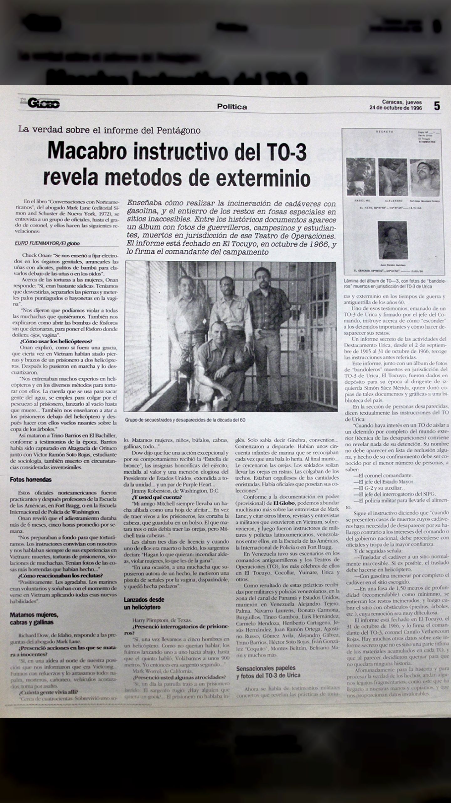 Macabro instructivo del TO-3 revela métodos de exterminio (El Globo, 24 de octubre 1996)
