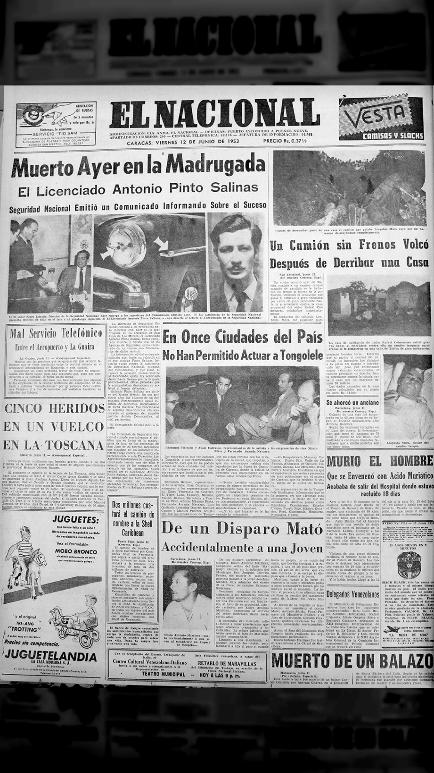 Antonio Pinto Salinas es asesinado por la Seguridad Nacional (El Nacional, 12 de junio 1953)