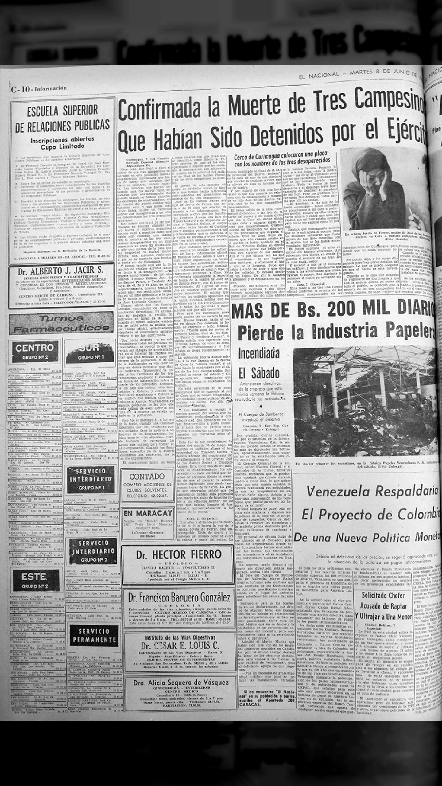 Confirmada la muerte de tres campesinos que habían sido detenidos por el ejército (El Nacional, 8 de octubre 1965)