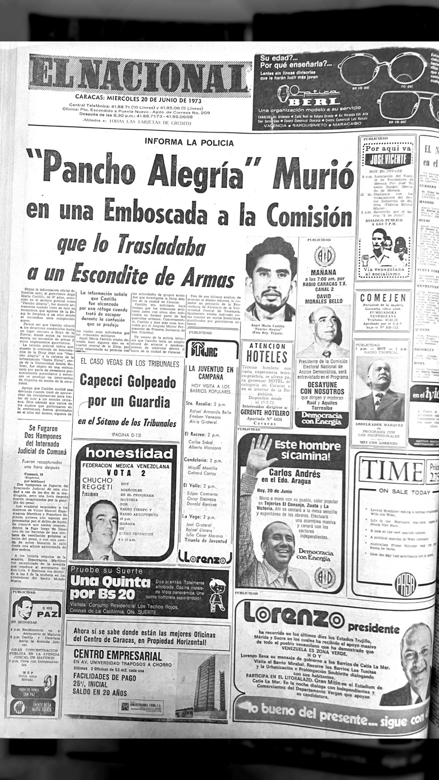 "Pancho Alegría" murió en una emboscada… (El Nacional, 20 de junio 1973)