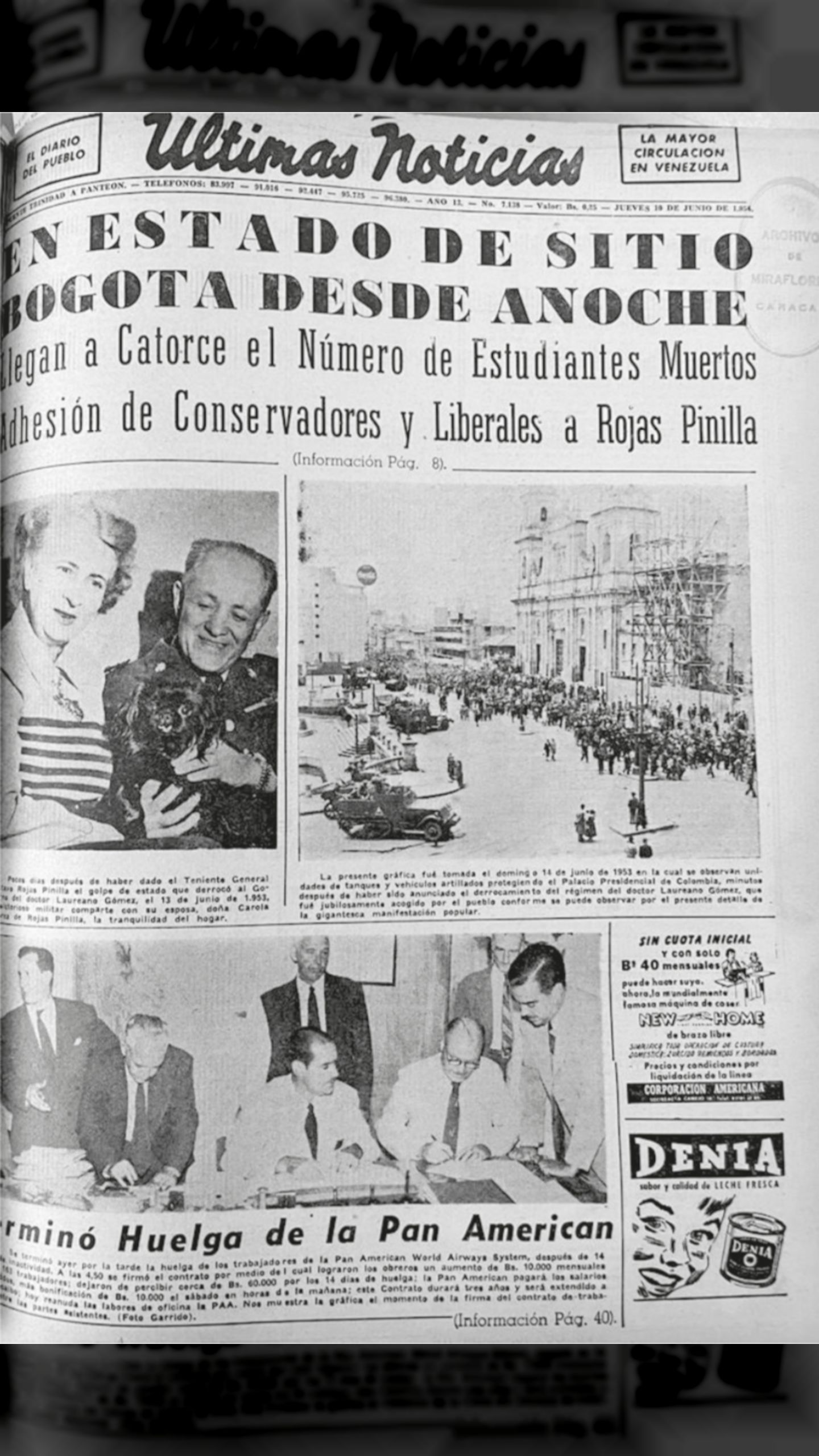 En estado de sitio Bogotá desde anoche (Últimas Noticias, 10 de junio 1954)