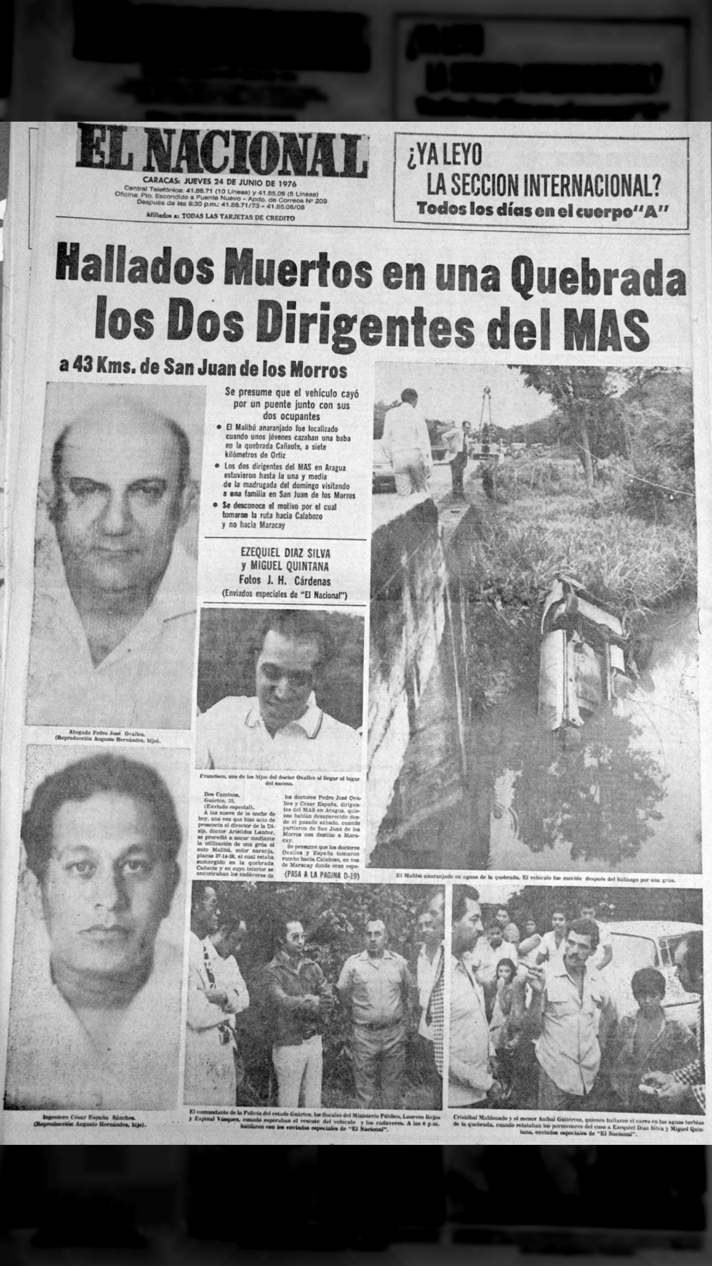 Hallados muertos en una quebrada los dos dirigentes del MAS (El Nacional, 24 de junio 1976)