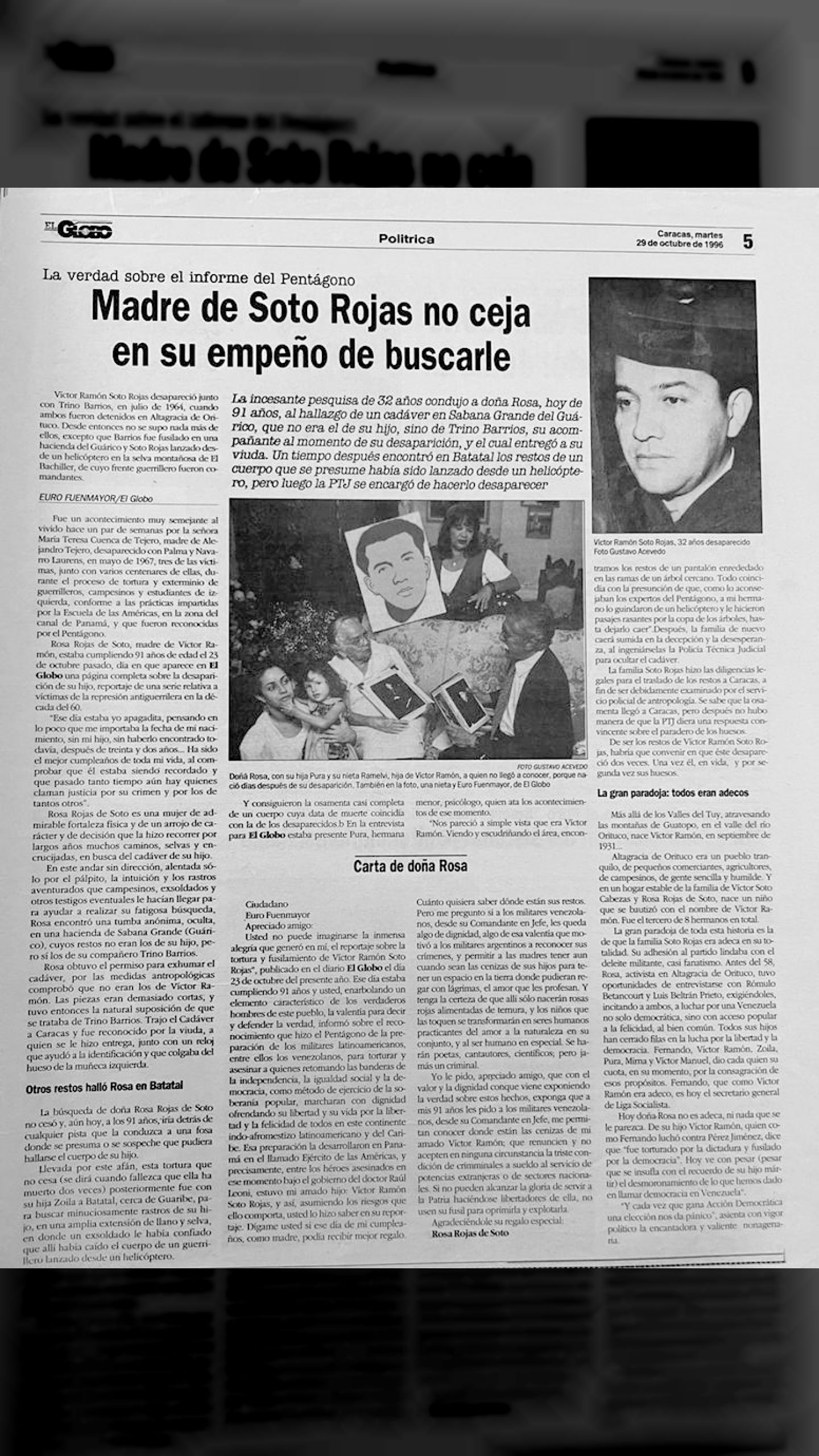 La verdad sobre los informes del Pentágono, Madre de Soto Rojas no ceja en su empeño de buscarle (El Globo, 29 de octubre 1996)