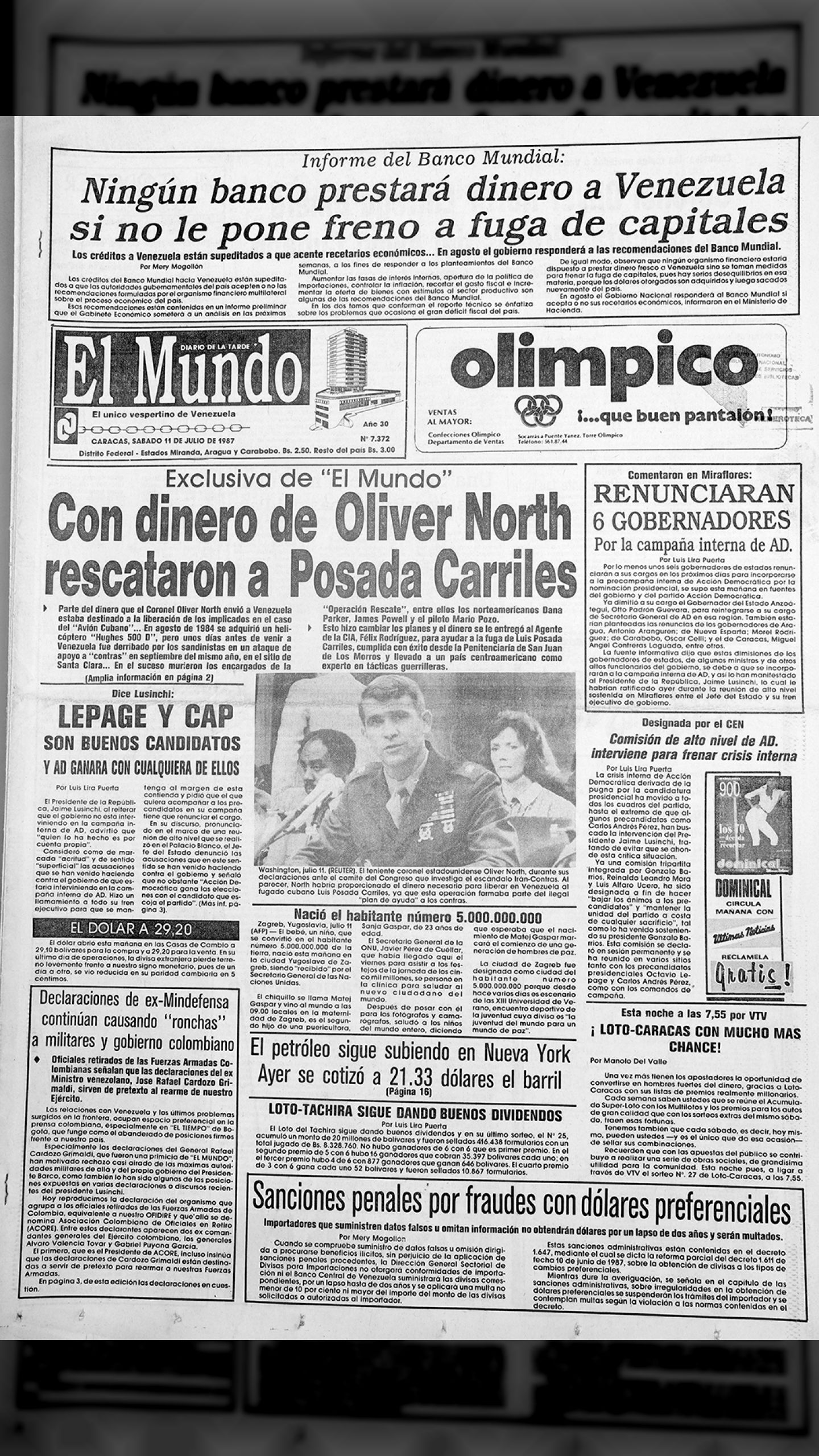 Con dinero de Oliver North rescataron a Posada Carriles (El Mundo, 11 de julio 1987)