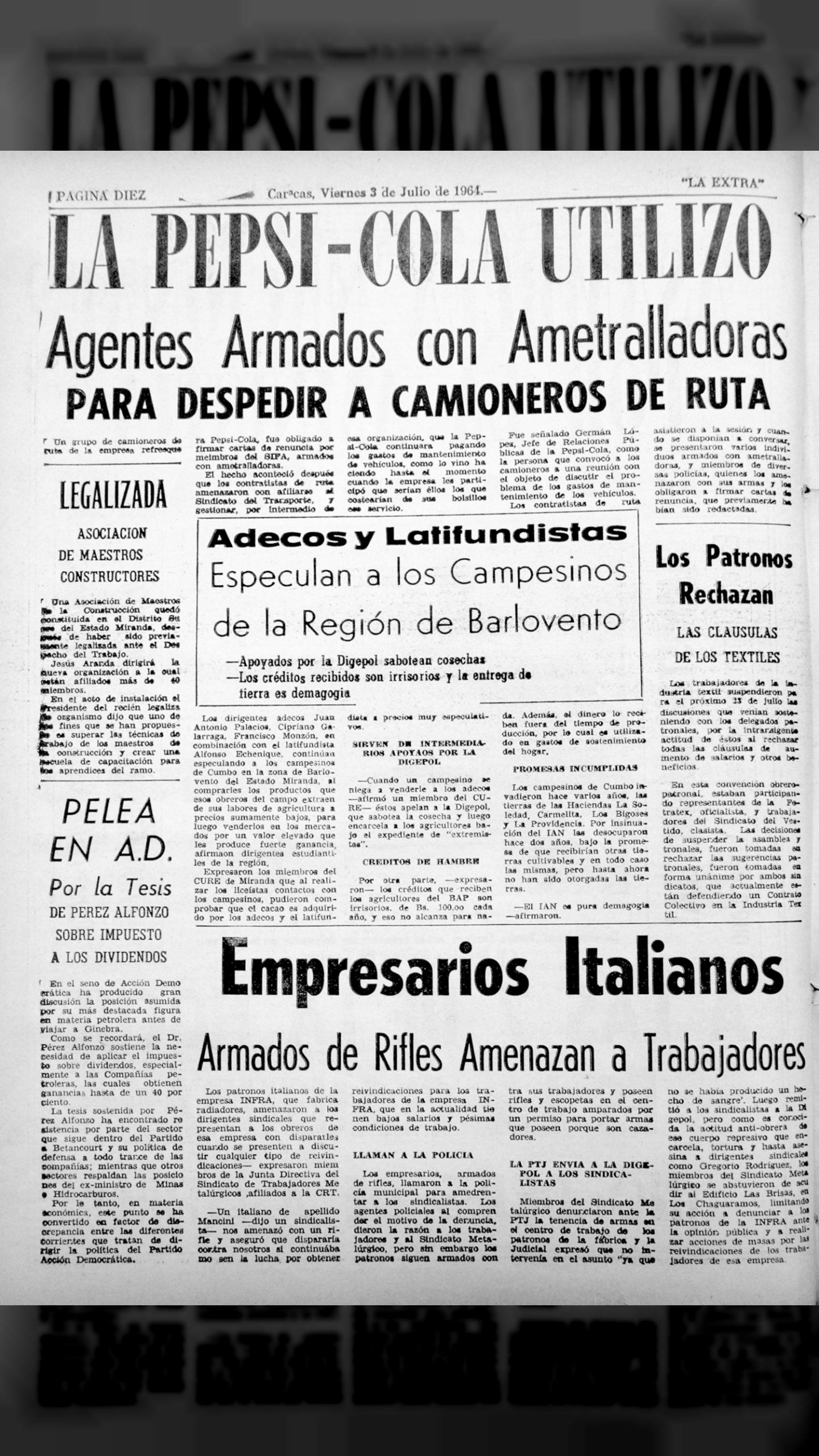 La Pepsi-Cola utilizó agentes armados con ametralladoras para despedir a camioneros de ruta (La Extra,  26 de septiembre de 1964)