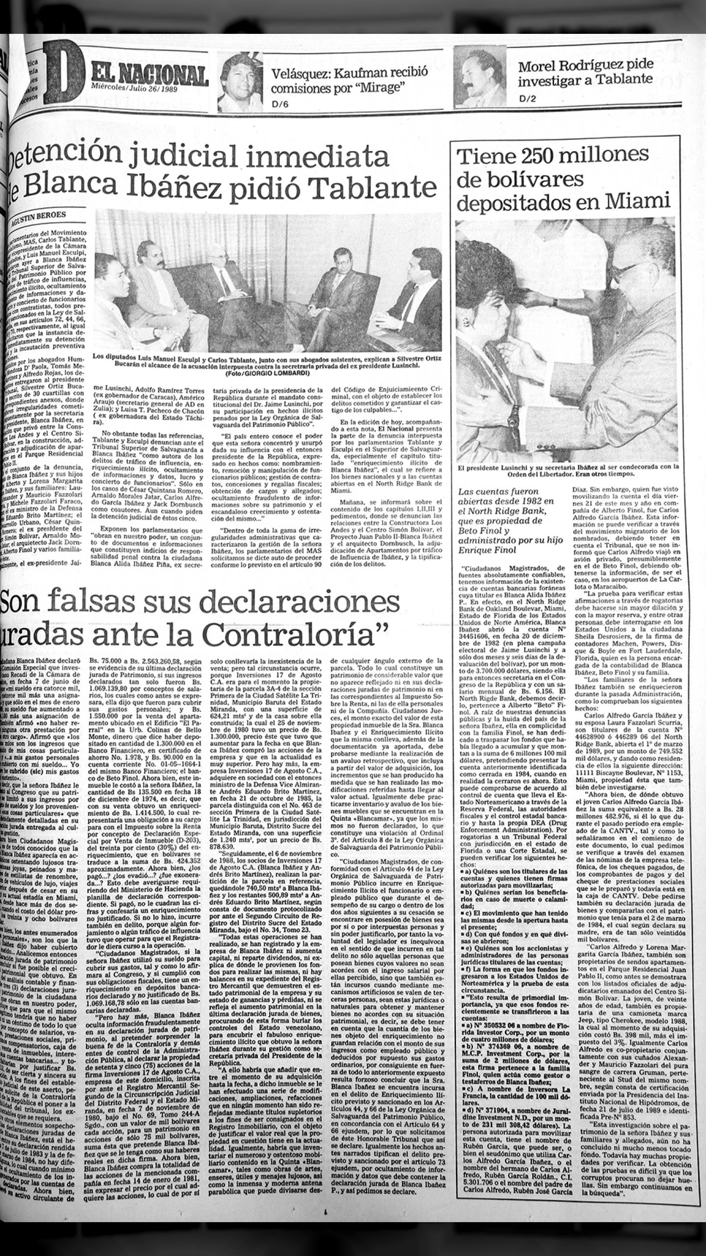 Detención inmediata de Blanca Ibáñez pidió Tablante (El Nacional, 26 de Julio 1989)