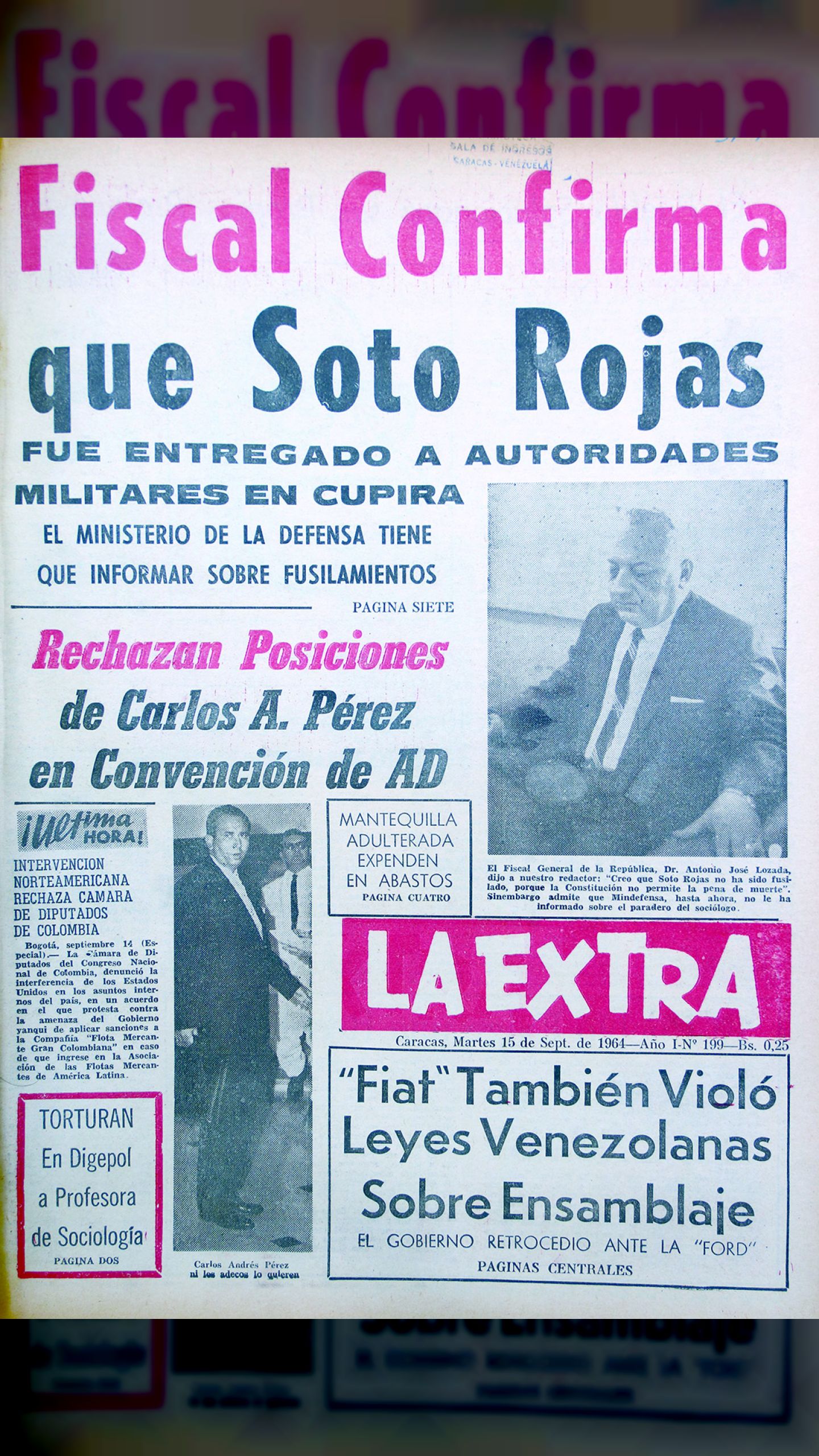 Fiscal Confirma que Soto Rojas fue entregado a autoridades militares en Cúpira (La Extra, 15 de septiembre 1964)