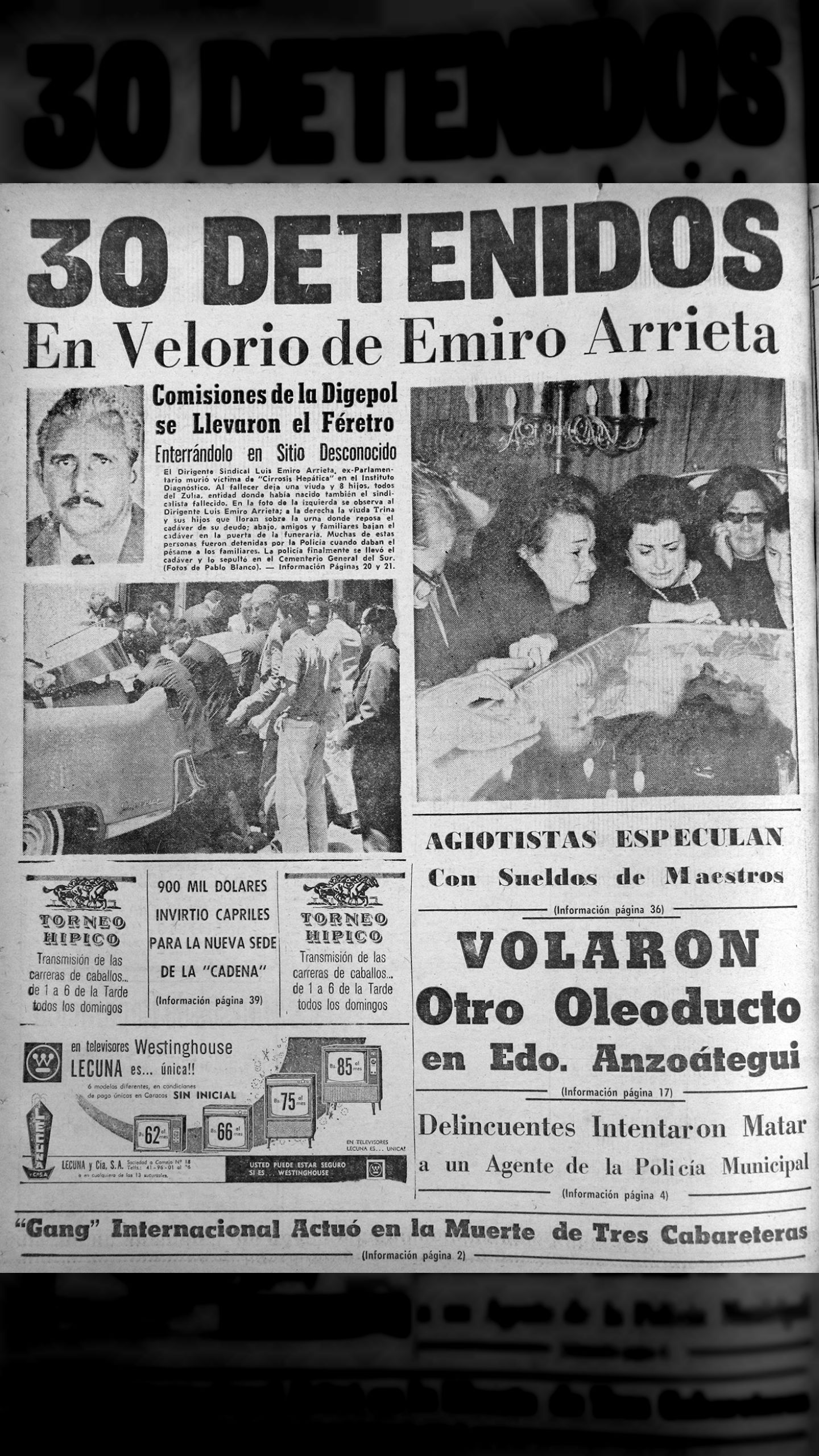30 detenidos en el velorio de Emiro Arrieta (Últimas Noticias, 29 de julio  1965)