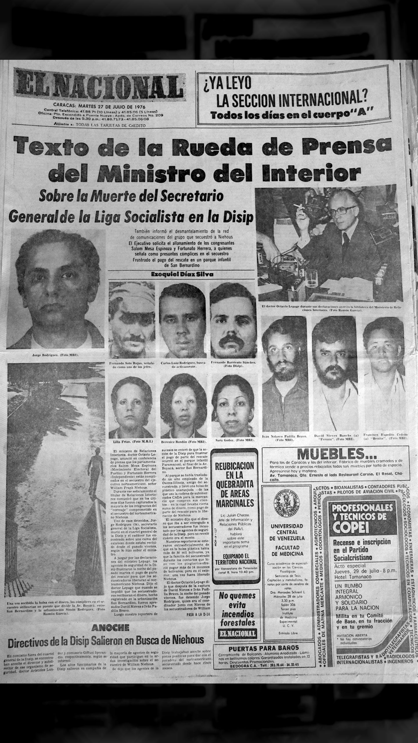 Texto de la rueda de prensa del Ministro del Interior sobre la muerte del secretario general de la Liga Socialista en la DISIP (El Nacional, 27 de julio 1976)