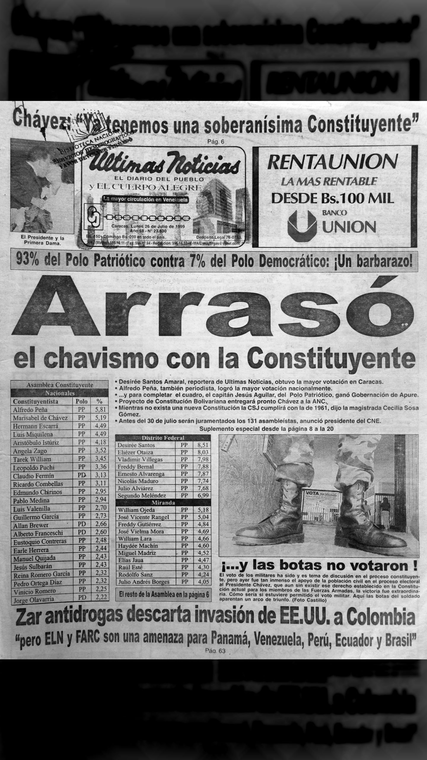 93% del Polo Patriótico contra 7% del Polo Democrático: ¡Un barbarazo! (Últimas Noticias, 26 de julio 1999)