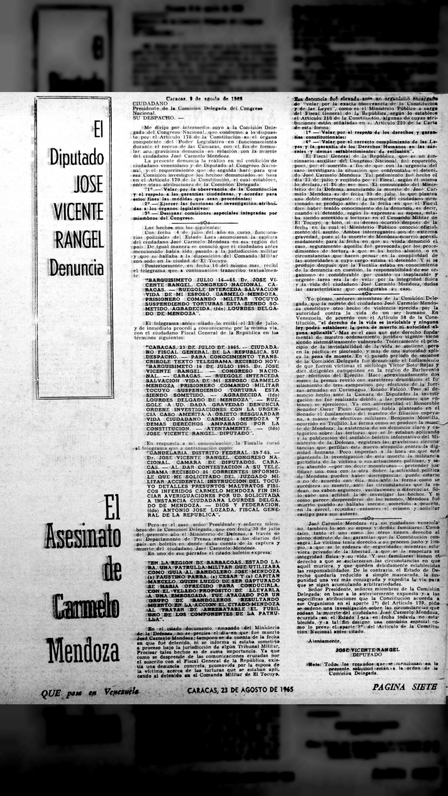 El diputado José Vicente Rangel denuncia el asesinato de Carmelo Mendoza (QUÉ pasa en Venezuela, 21 de agosto 1965)