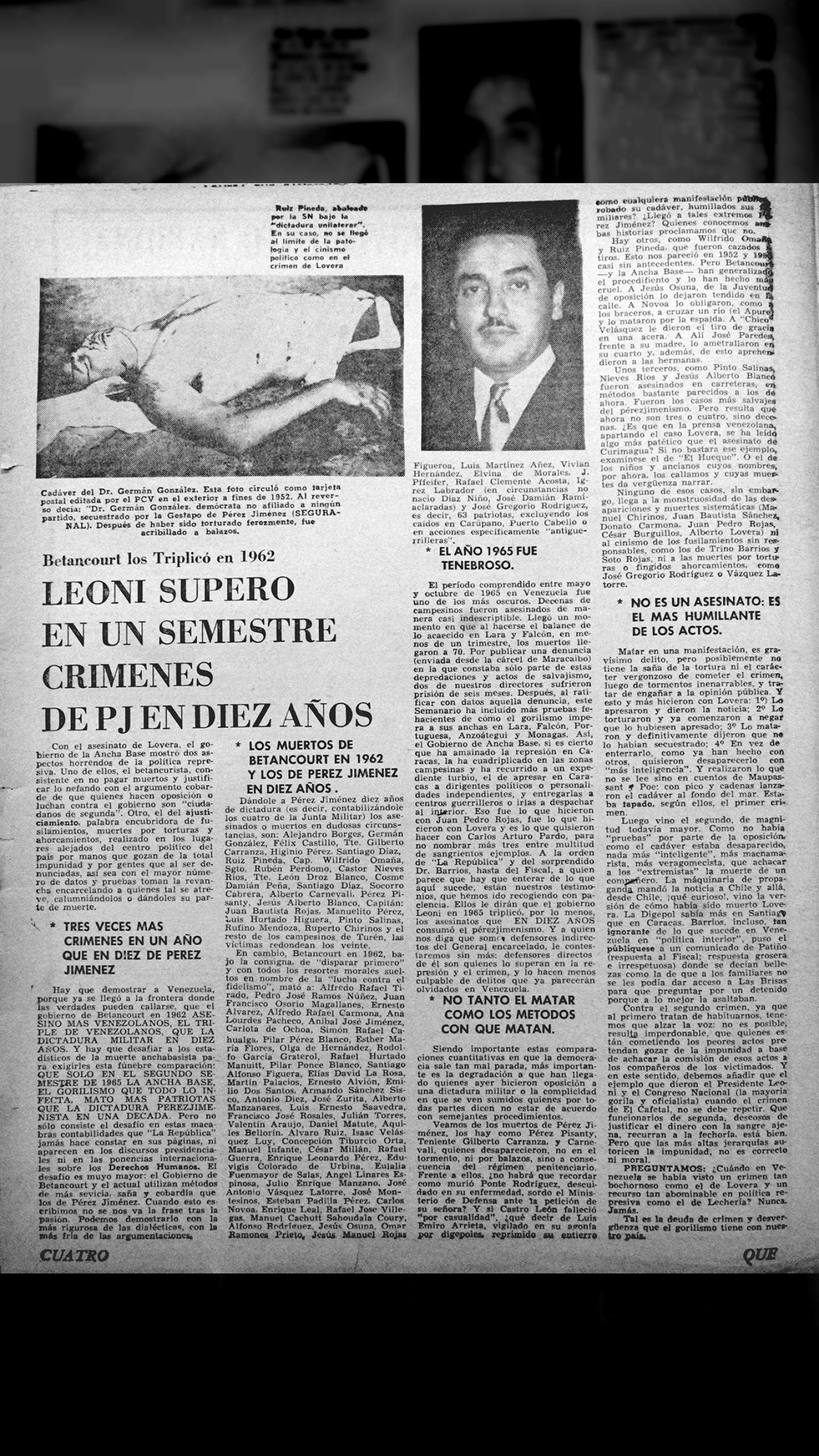 Leoni superó en un semestre crímenes de Pérez Jiménez en diez años (QUÉ pasa en Venezuela, 18 de marzo de 1966)