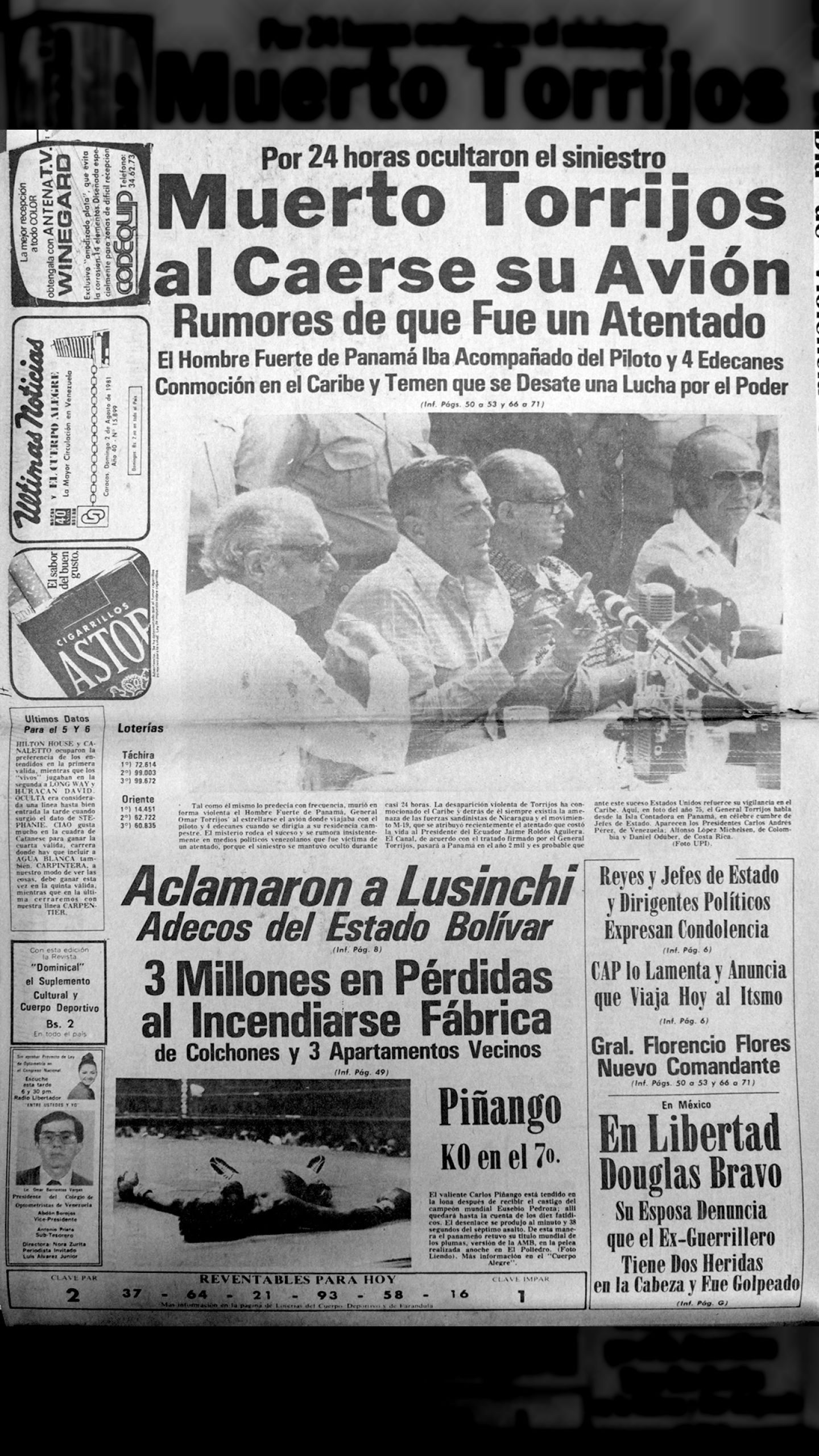Muerto Torrijos al caerse su avión, por 24 horas ocultaron el siniestro (Últimas Noticias, 01 de agosto de 1981)