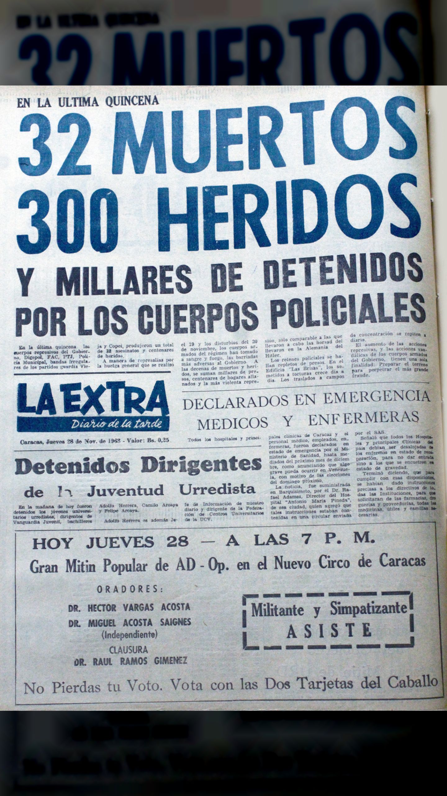 32 muertos, 300 heridos y millares de detenidos en la última quincena (La Extra, 28 de noviembre 1963)