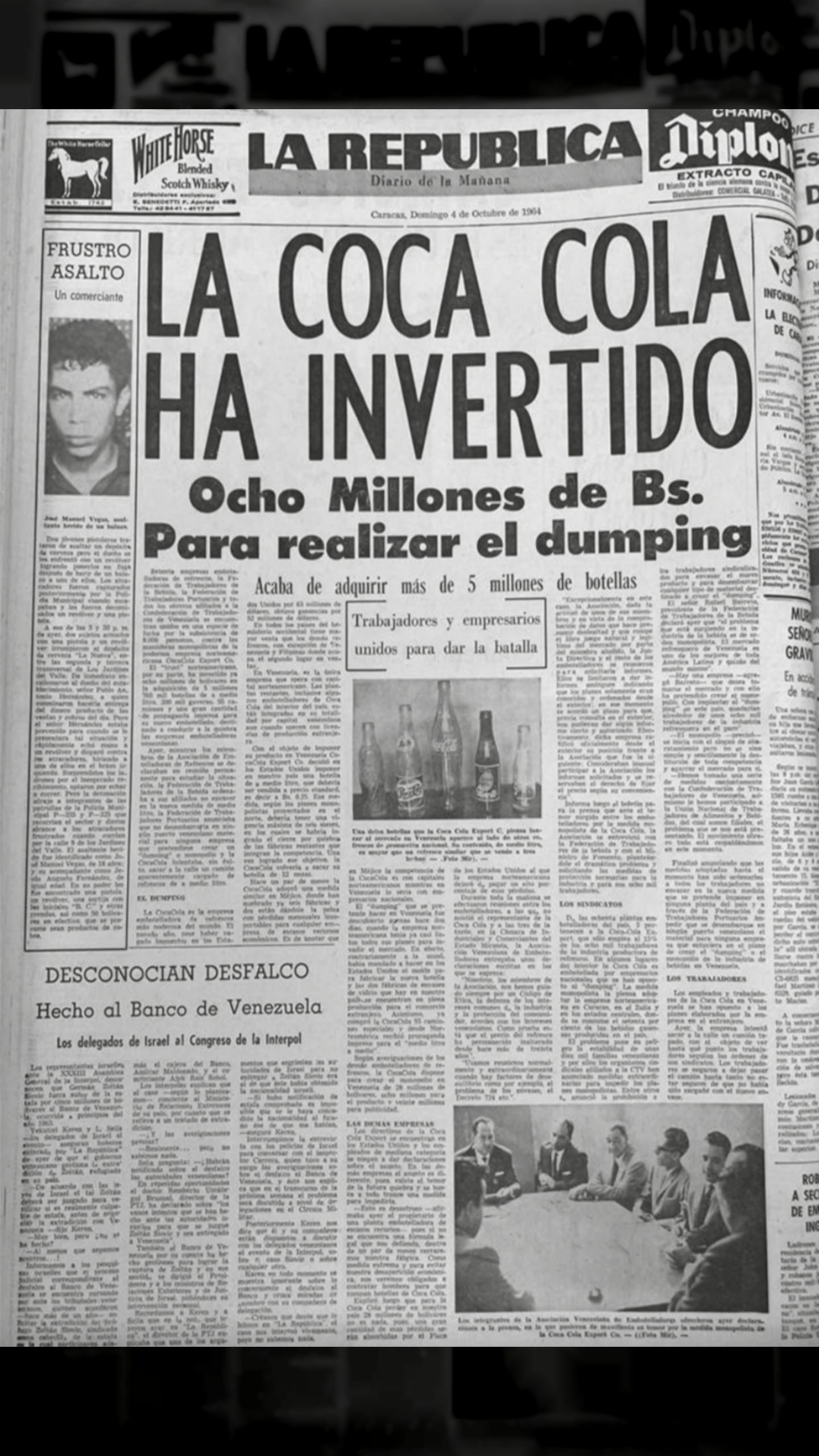 La Coca-Cola ha invertido ocho millones de bolívares para realizar el dumping (La República, 4 de octubre 1964)